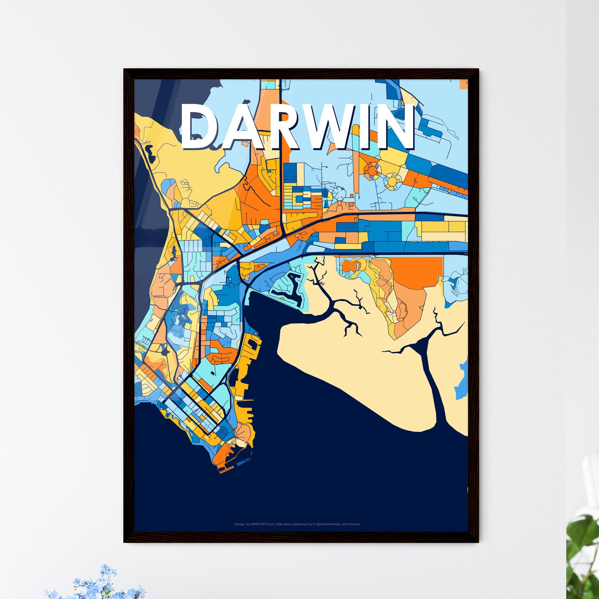 DARWIN AUSTRALIA Vibrant Colorful Art Map Poster Blue Orange