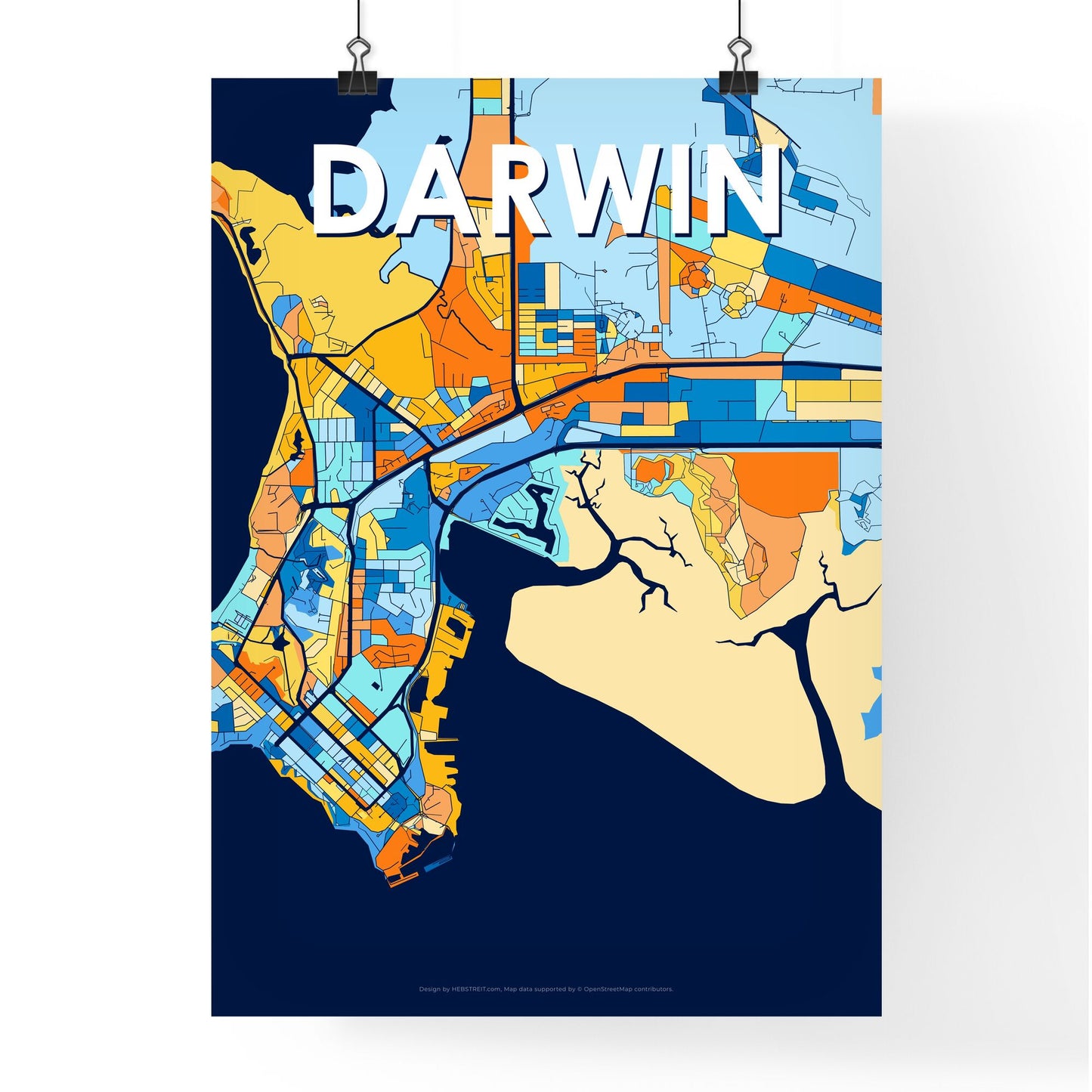 DARWIN AUSTRALIA Vibrant Colorful Art Map Poster Blue Orange