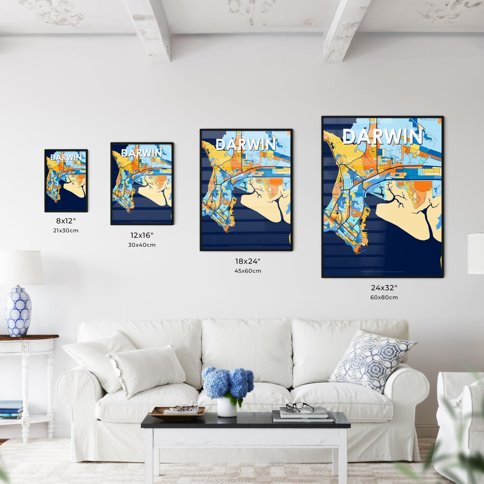 DARWIN AUSTRALIA Vibrant Colorful Art Map Poster Blue Orange