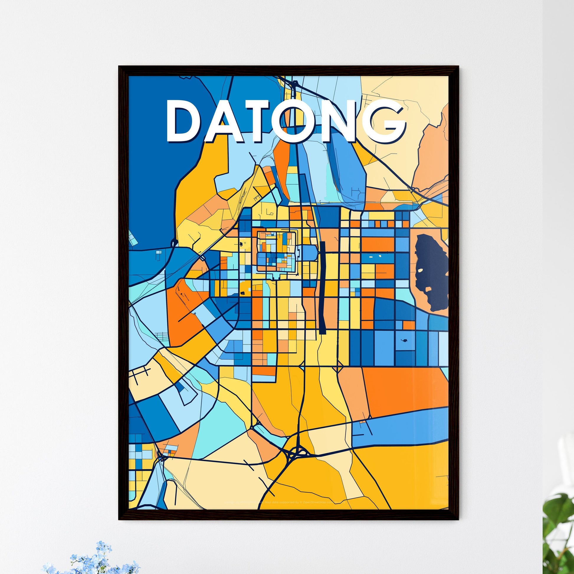 DATONG CHINA Vibrant Colorful Art Map Poster Blue Orange