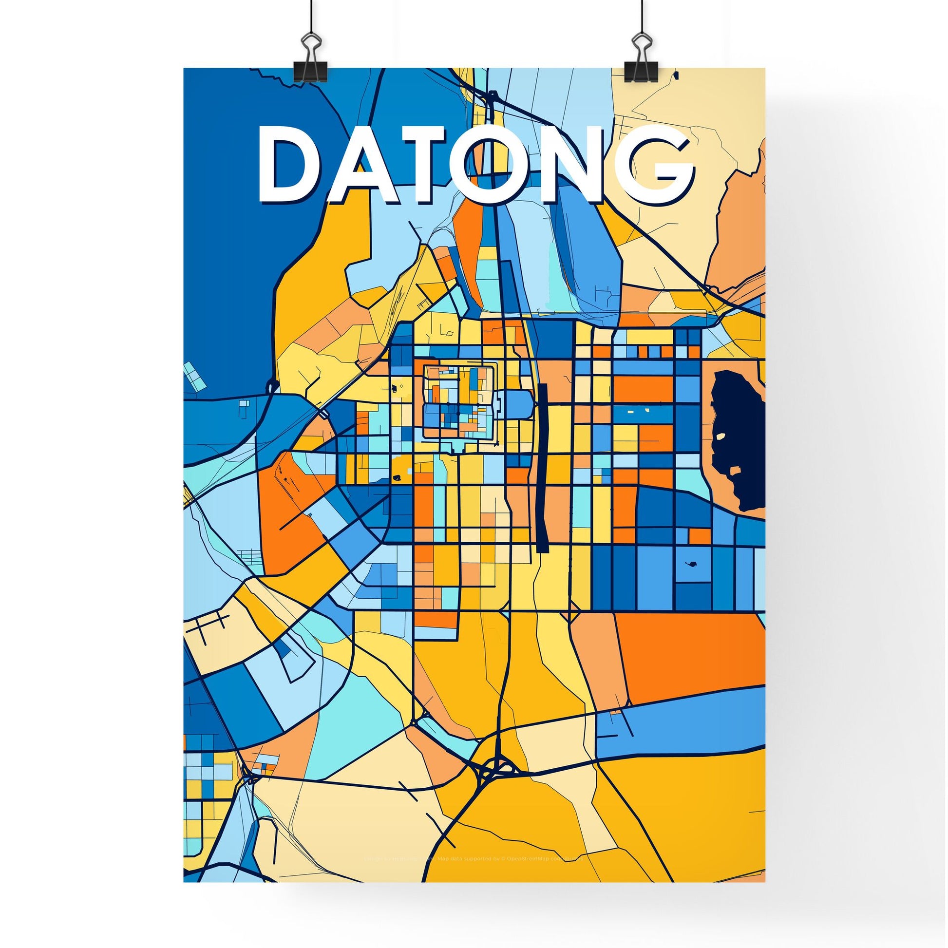 DATONG CHINA Vibrant Colorful Art Map Poster Blue Orange