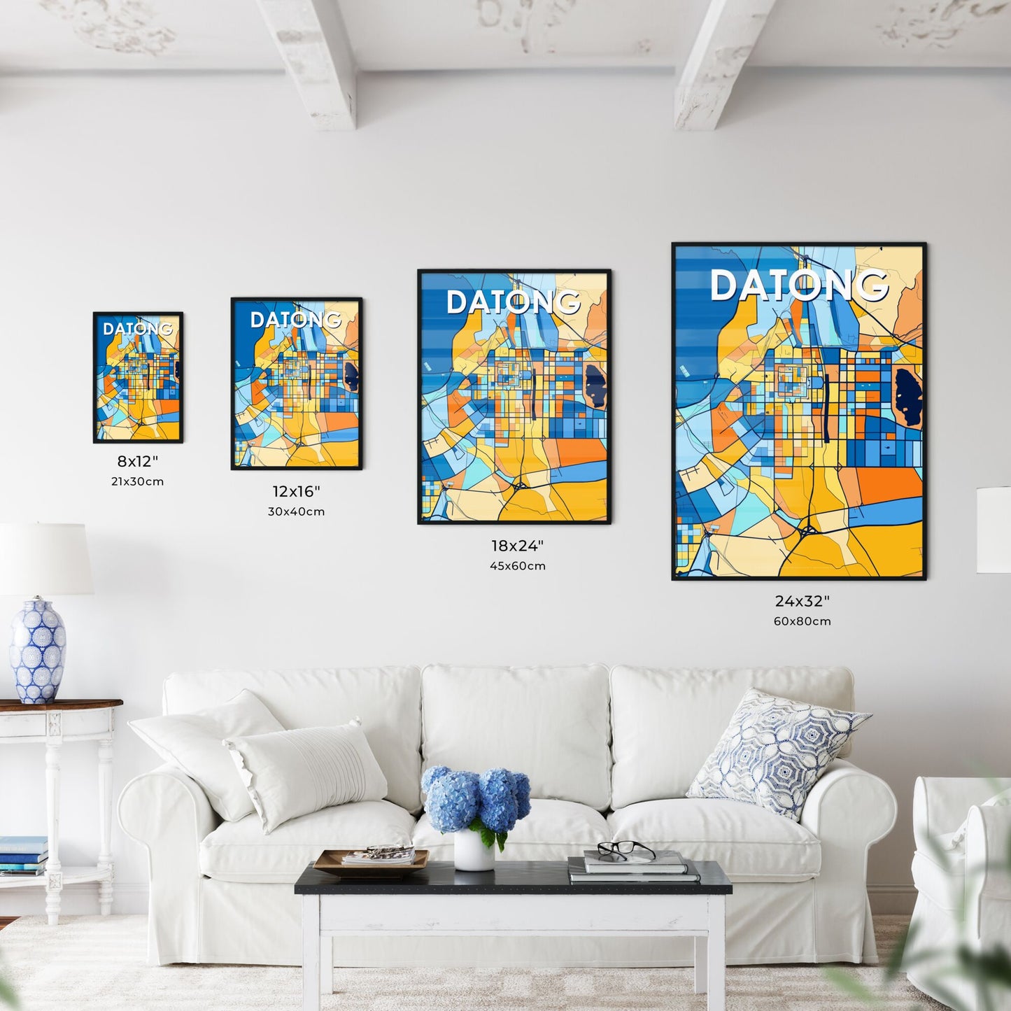 DATONG CHINA Vibrant Colorful Art Map Poster Blue Orange