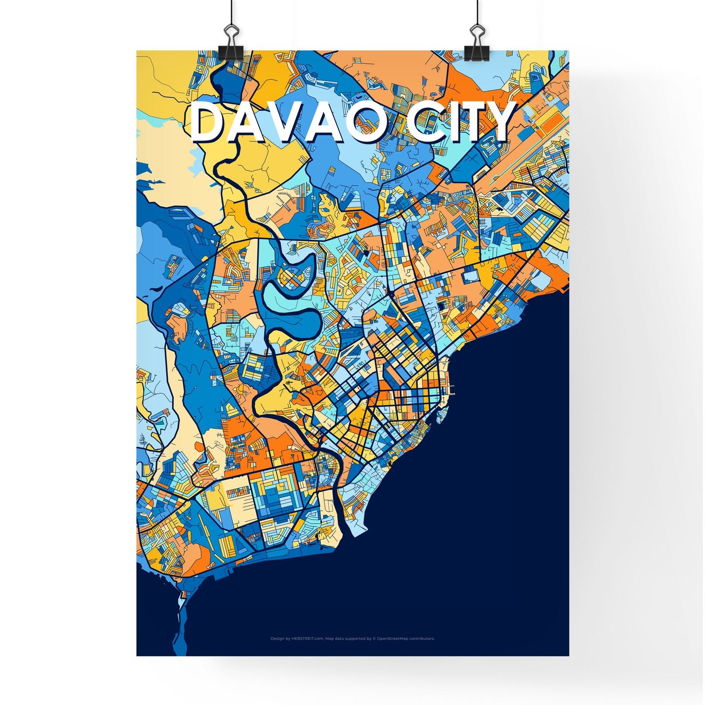 DAVAO CITY PHILIPPINES Vibrant Colorful Art Map Poster Blue Orange