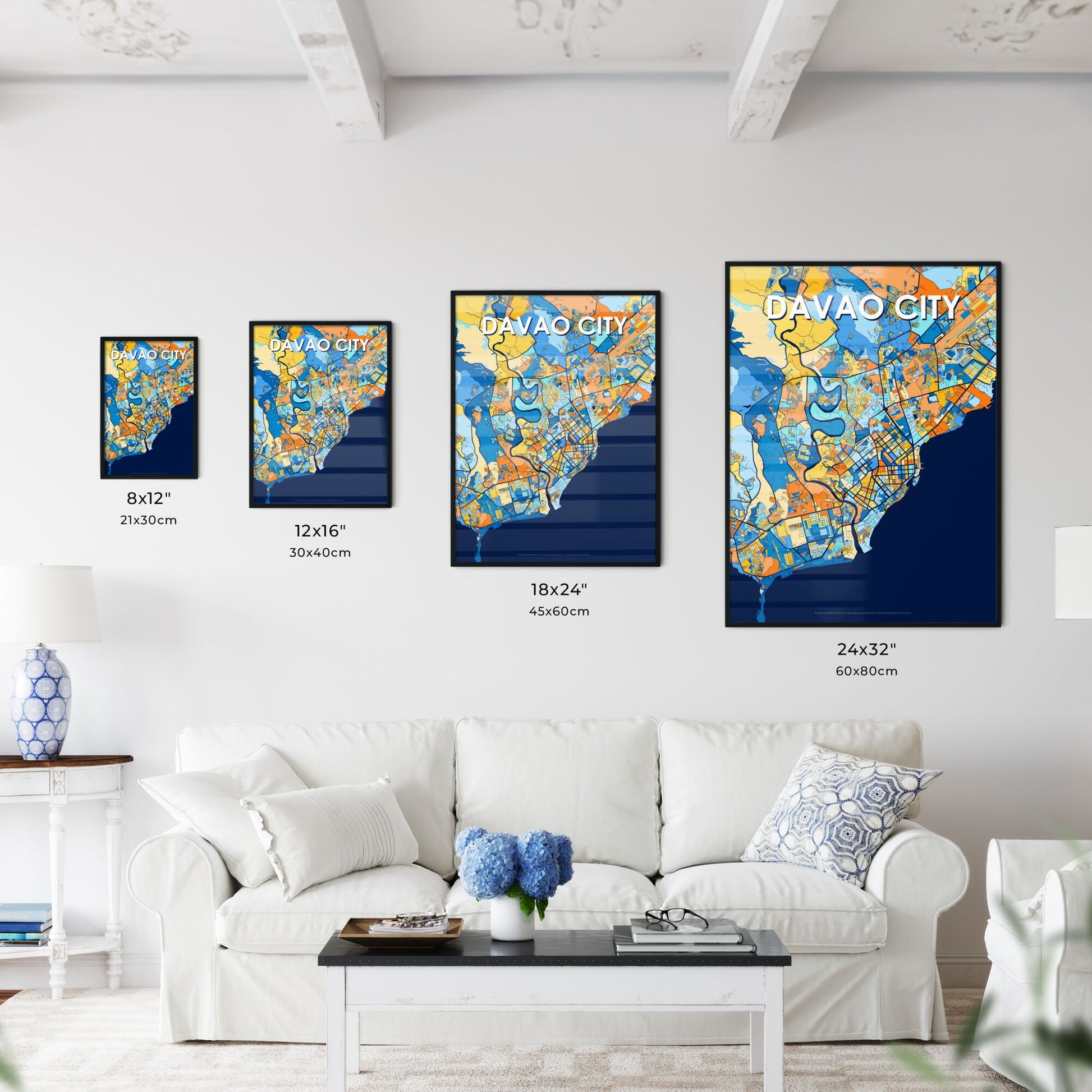 DAVAO CITY PHILIPPINES Vibrant Colorful Art Map Poster Blue Orange