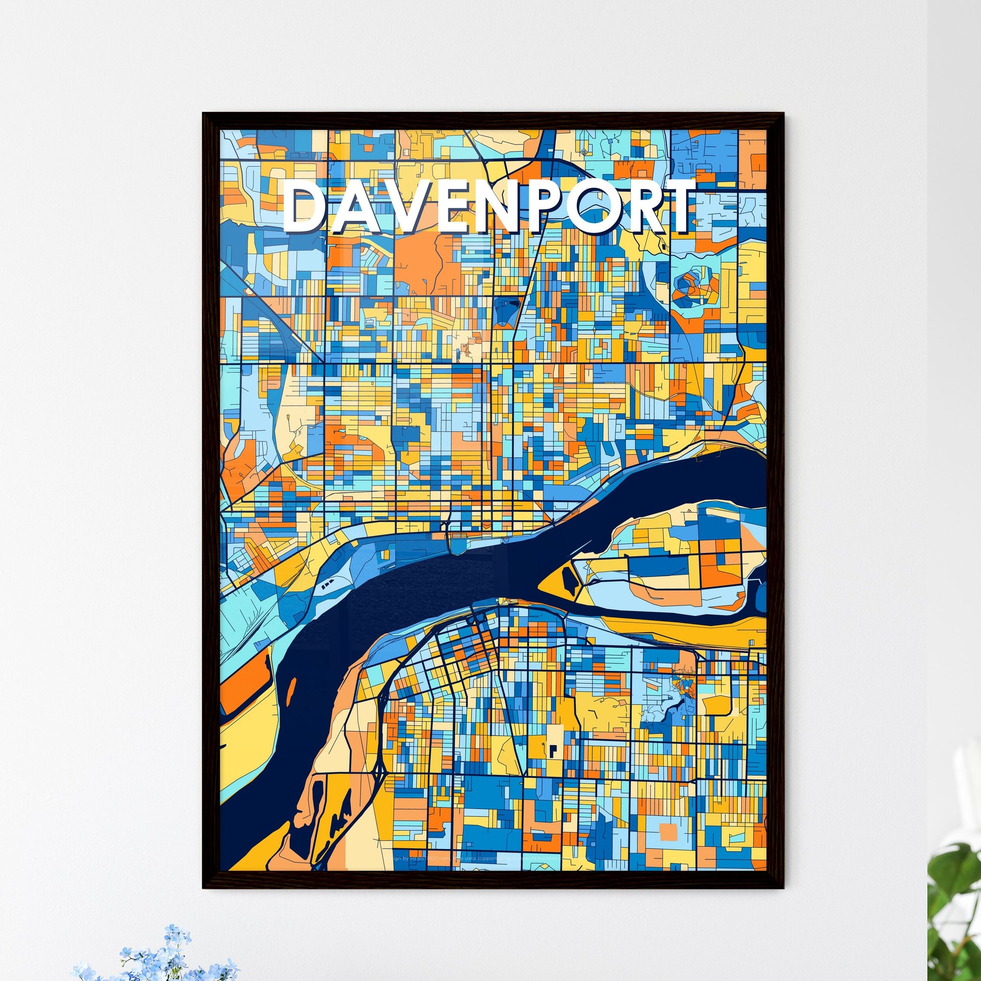 DAVENPORT IOWA Vibrant Colorful Art Map Poster Blue Orange