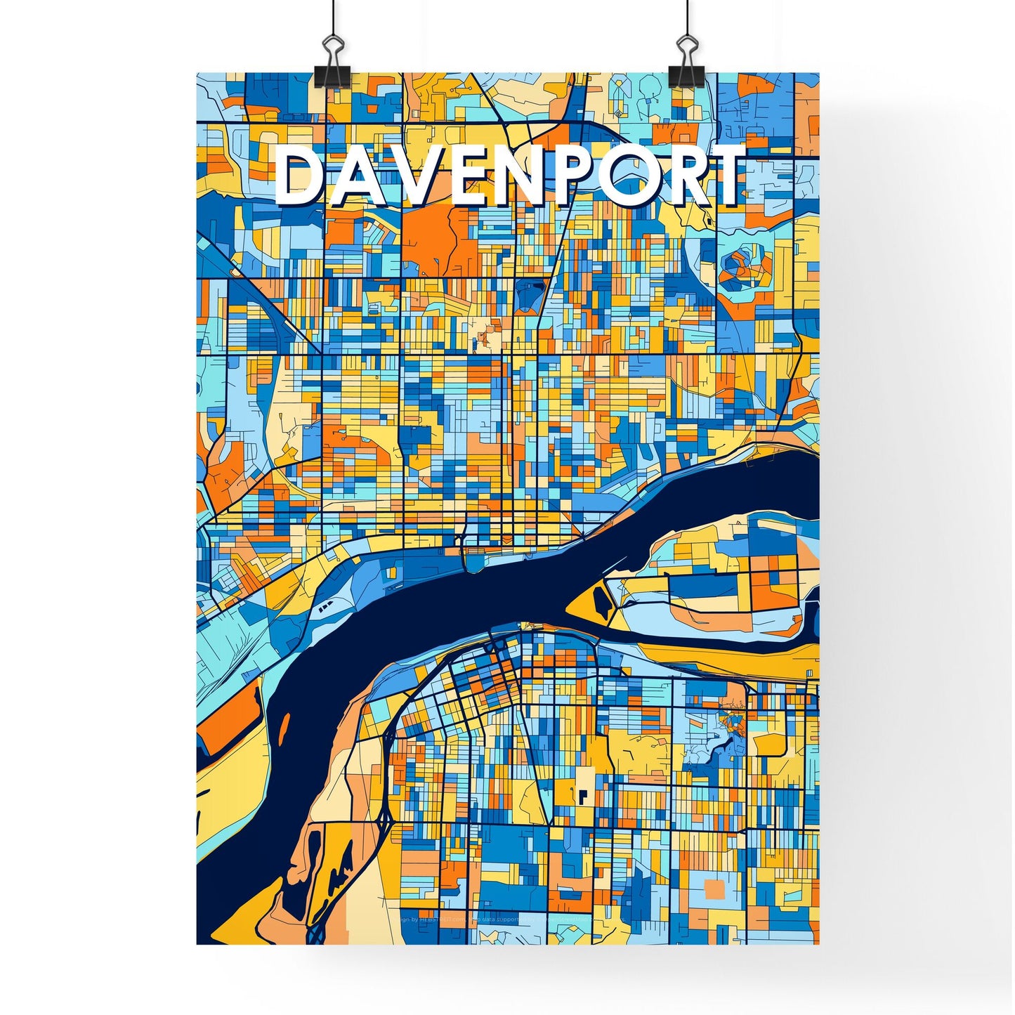 DAVENPORT IOWA Vibrant Colorful Art Map Poster Blue Orange