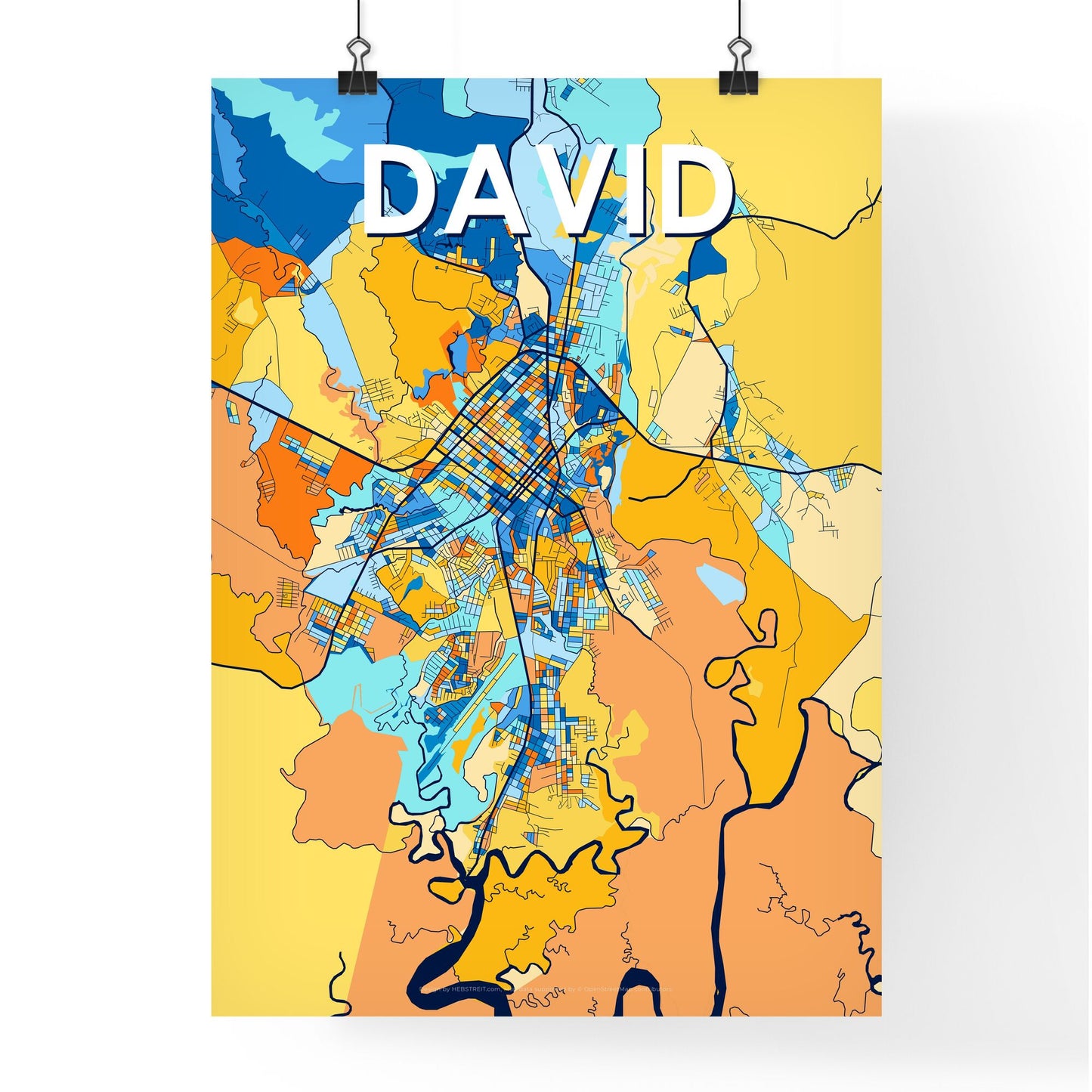 DAVID PANAMA Vibrant Colorful Art Map Poster Blue Orange