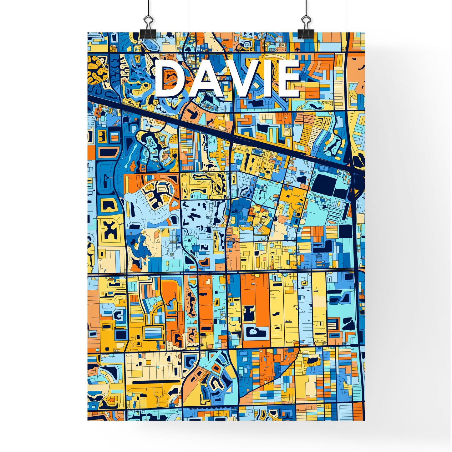 DAVIE FLORIDA Vibrant Colorful Art Map Poster Blue Orange