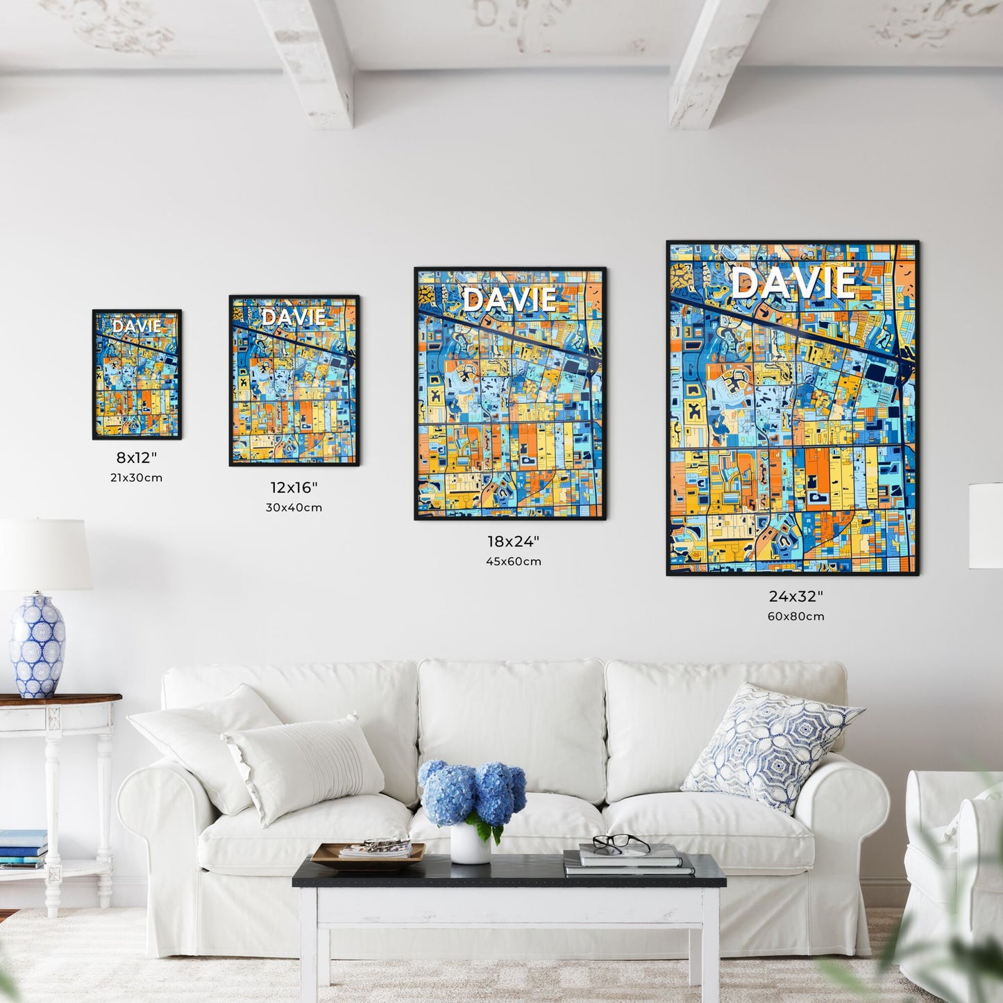 DAVIE FLORIDA Vibrant Colorful Art Map Poster Blue Orange