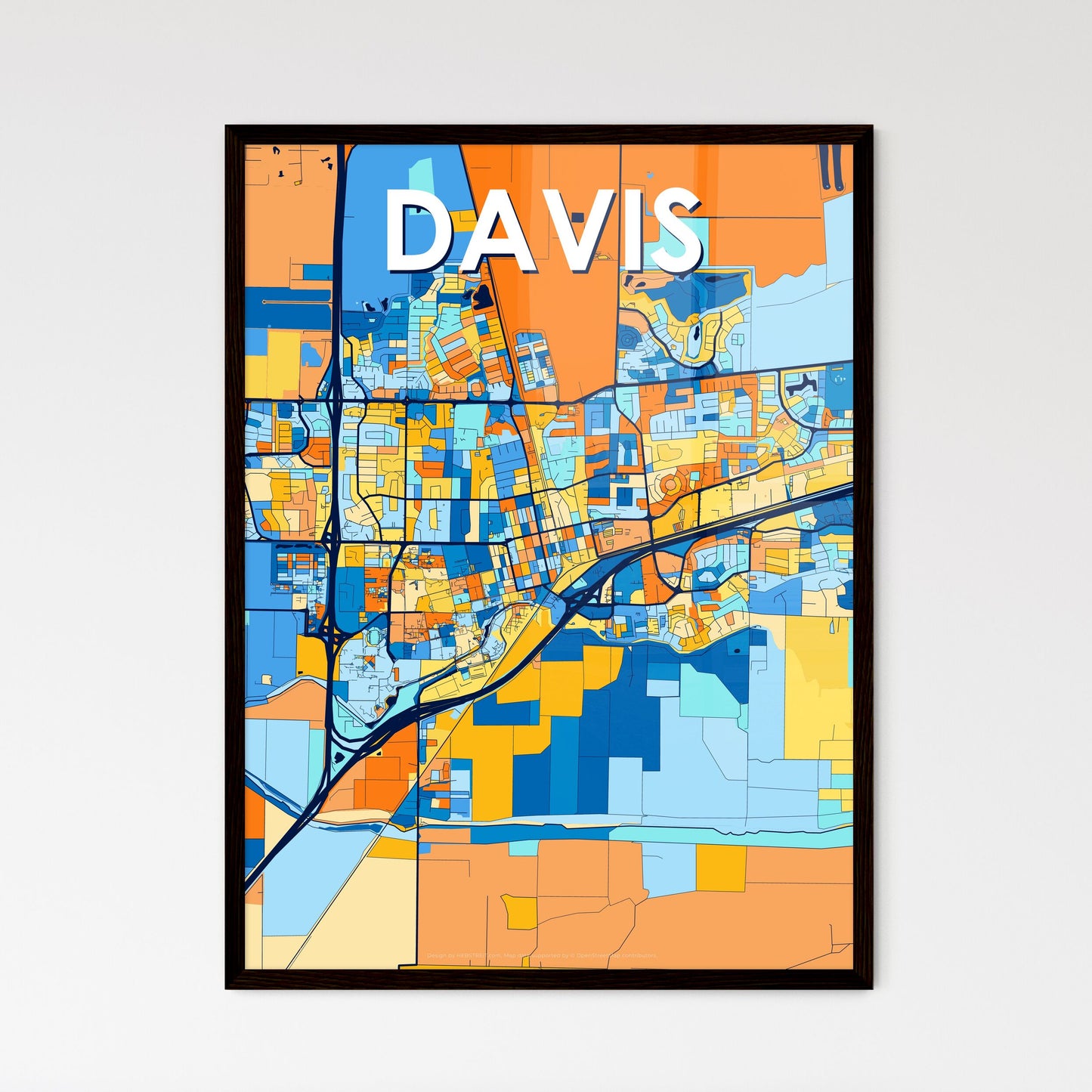 DAVIS CALIFORNIA Vibrant Colorful Art Map Poster Blue Orange