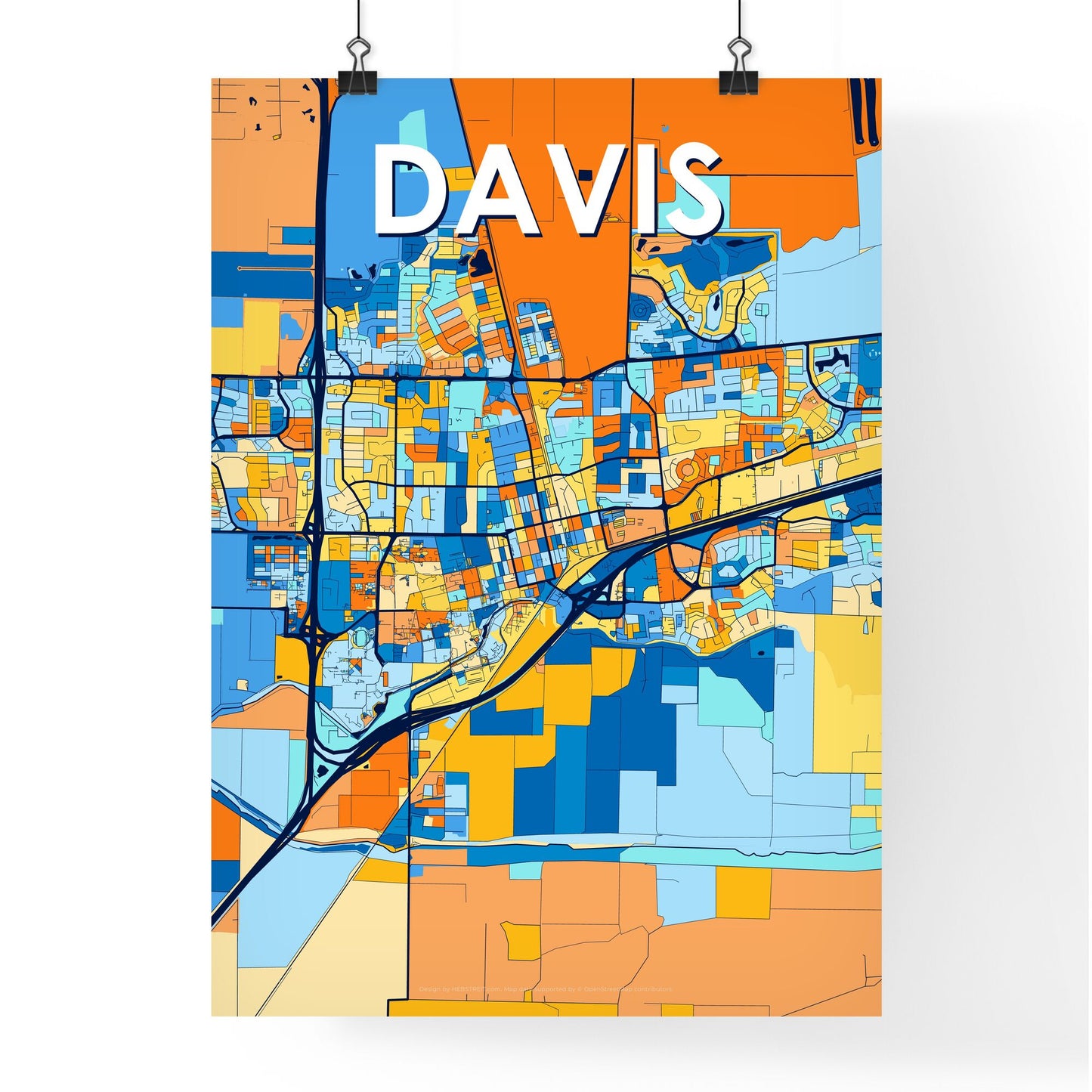 DAVIS CALIFORNIA Vibrant Colorful Art Map Poster Blue Orange