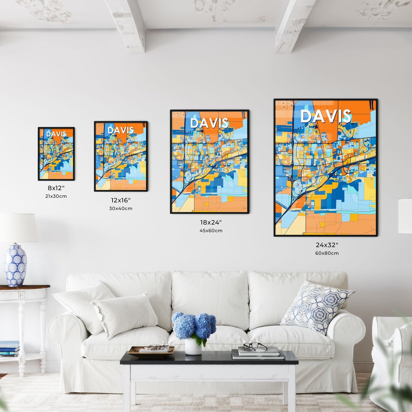 DAVIS CALIFORNIA Vibrant Colorful Art Map Poster Blue Orange