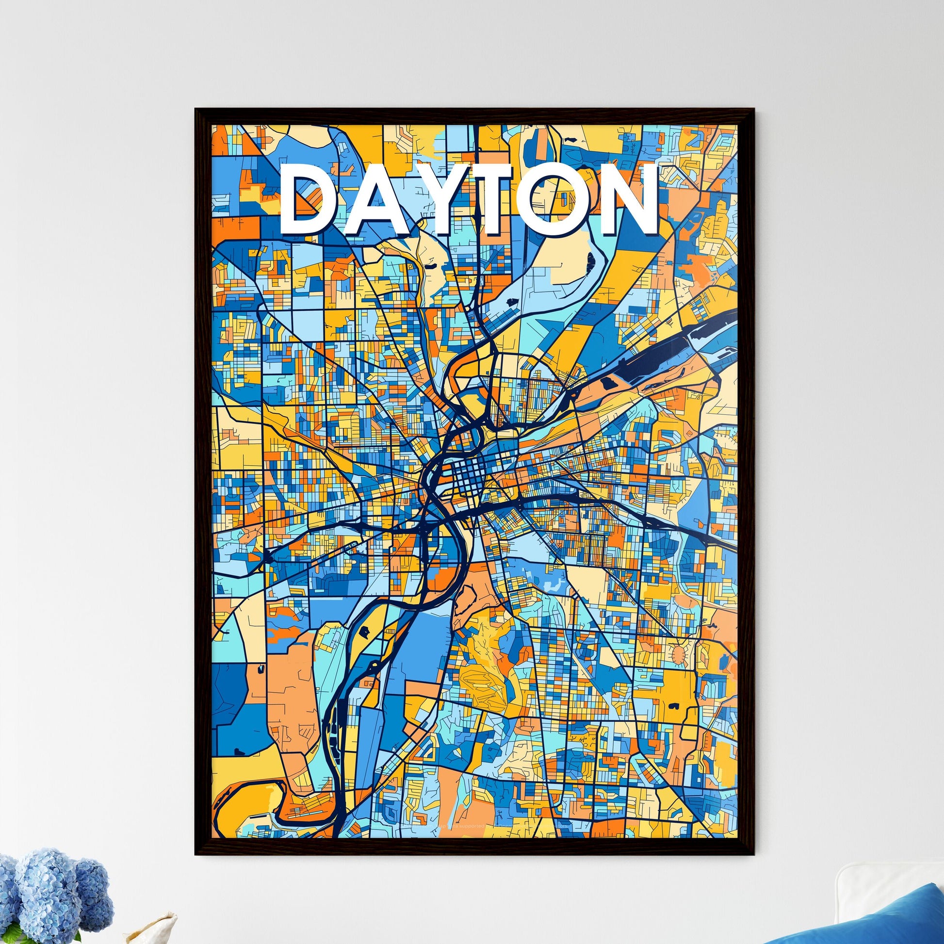 DAYTON OHIO Vibrant Colorful Art Map Poster Blue Orange