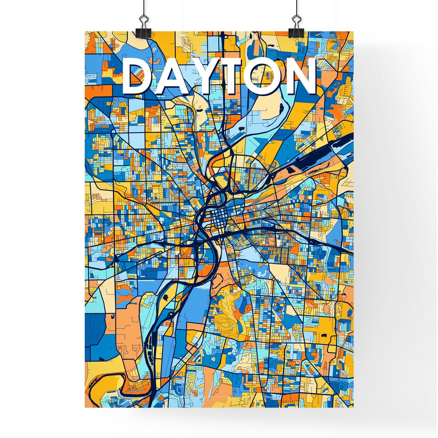 DAYTON OHIO Vibrant Colorful Art Map Poster Blue Orange