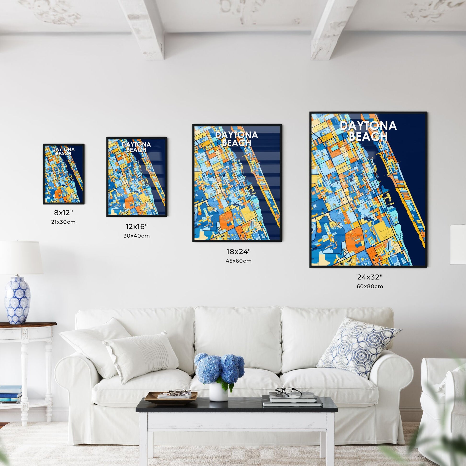 DAYTONA BEACH FLORIDA Vibrant Colorful Art Map Poster Blue Orange