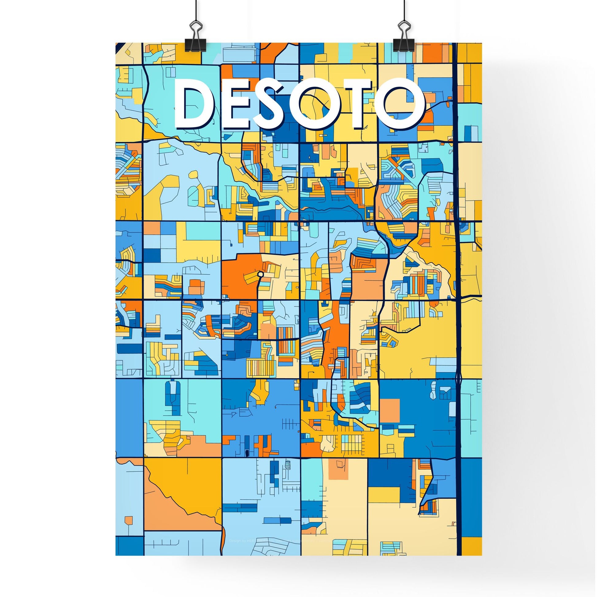 DESOTO TEXAS Vibrant Colorful Art Map Poster Blue Orange