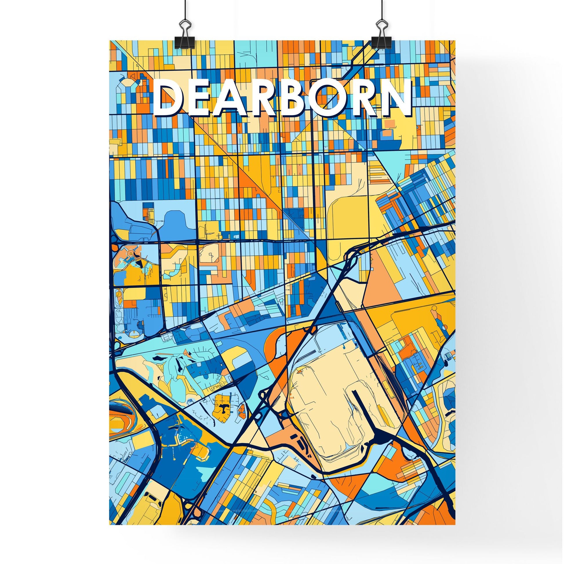 DEARBORN MICHIGAN Vibrant Colorful Art Map Poster Blue Orange