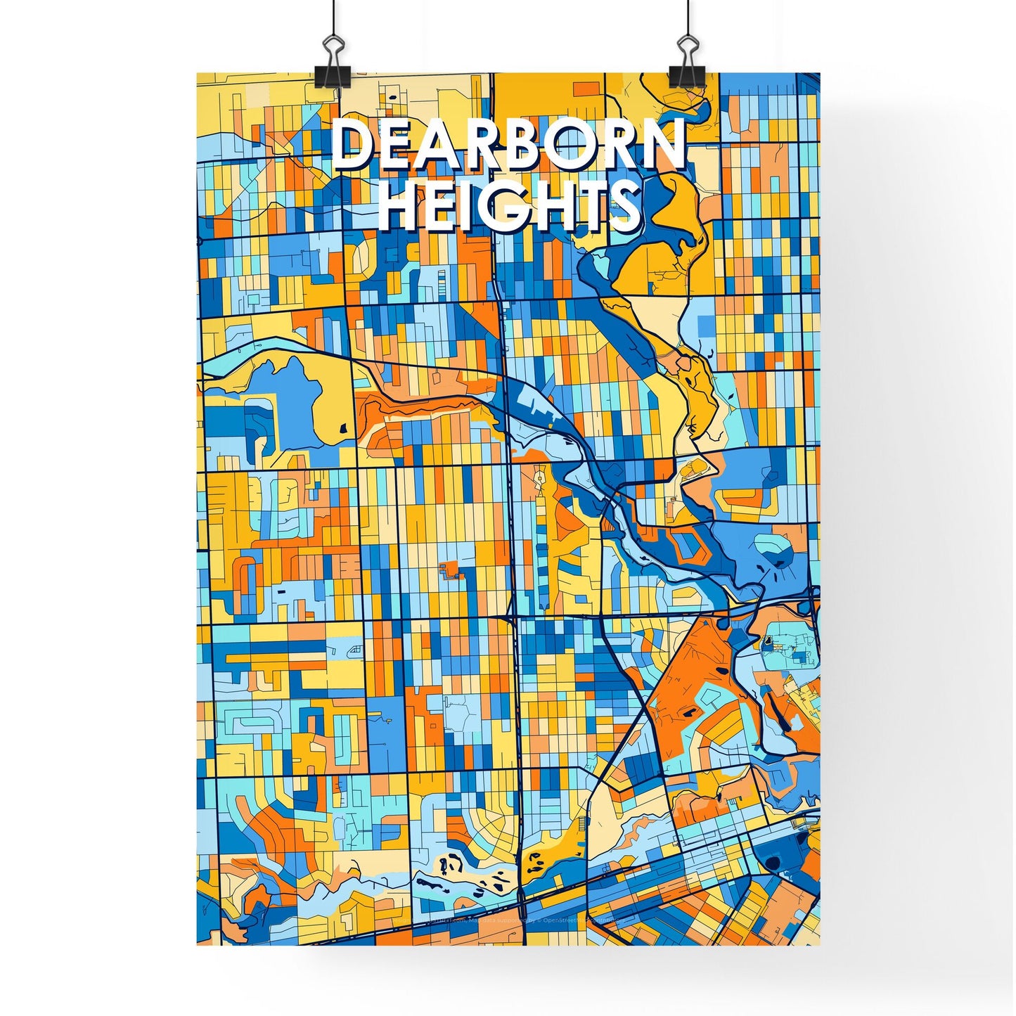 DEARBORN HEIGHTS MICHIGAN Vibrant Colorful Art Map Poster Blue Orange