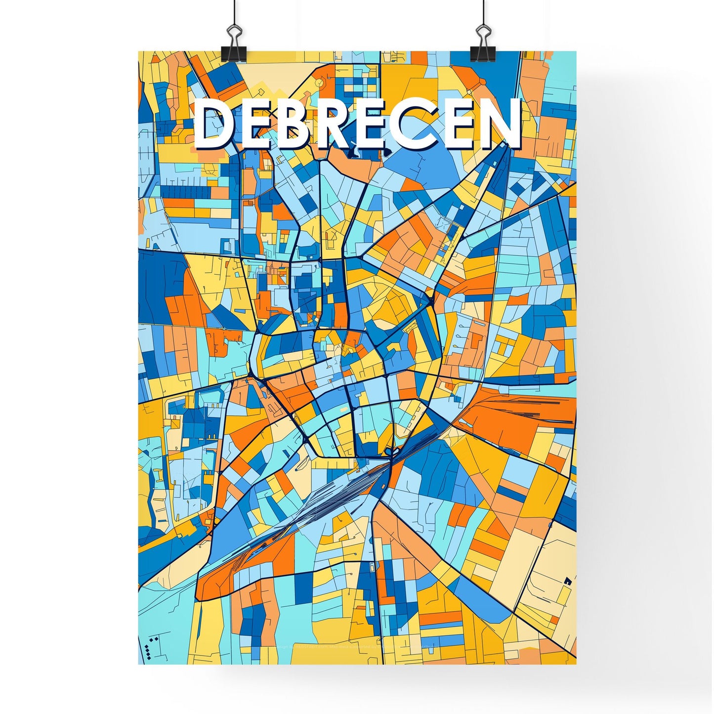 DEBRECEN HUNGARY Vibrant Colorful Art Map Poster Blue Orange