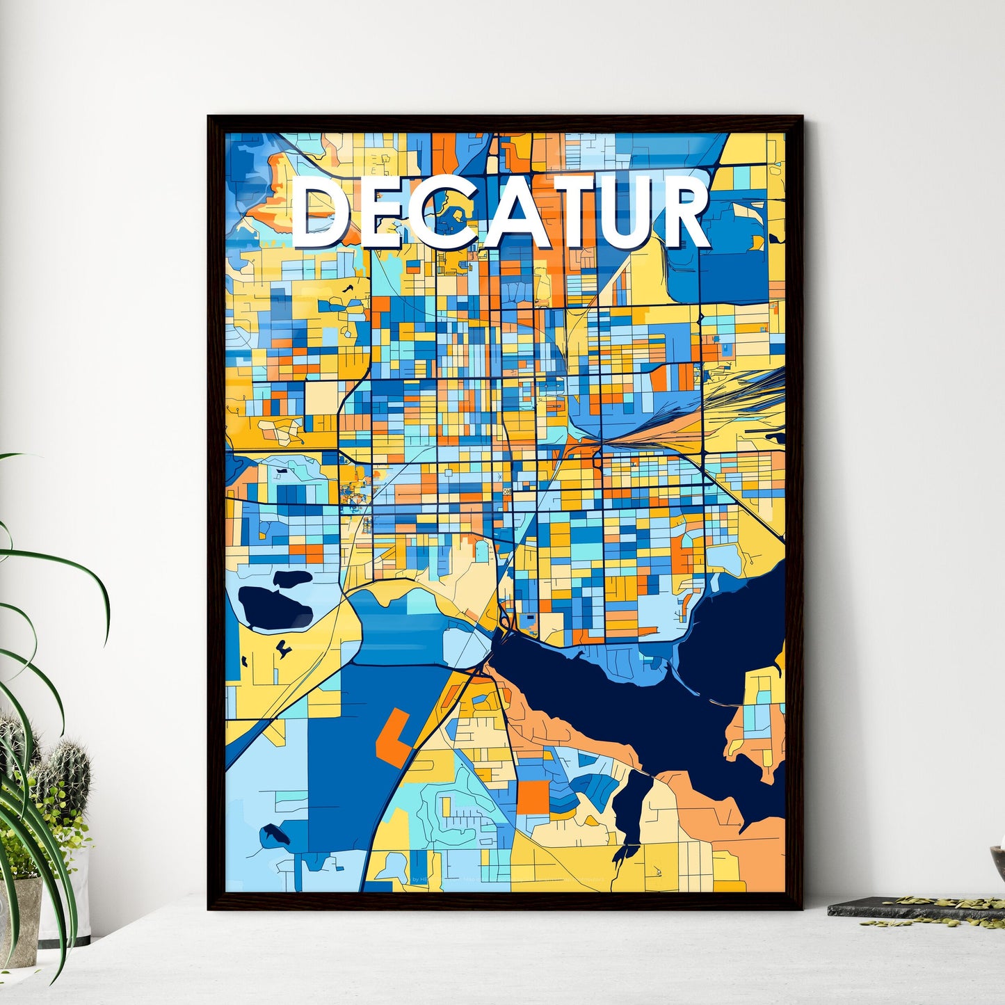 DECATUR ILLINOIS Vibrant Colorful Art Map Poster Blue Orange