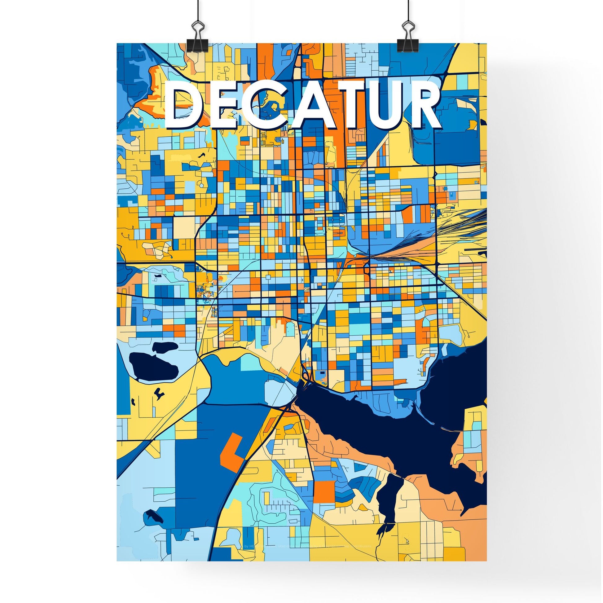 DECATUR ILLINOIS Vibrant Colorful Art Map Poster Blue Orange