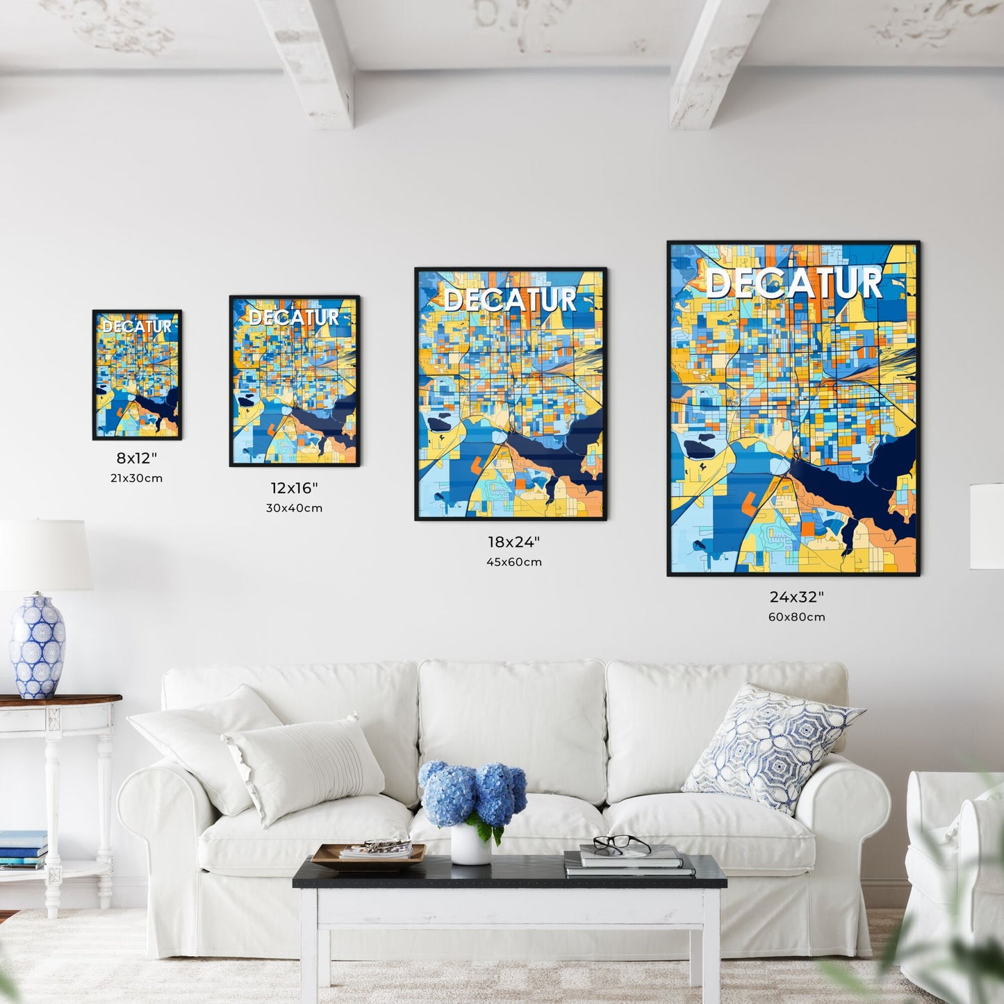 DECATUR ILLINOIS Vibrant Colorful Art Map Poster Blue Orange