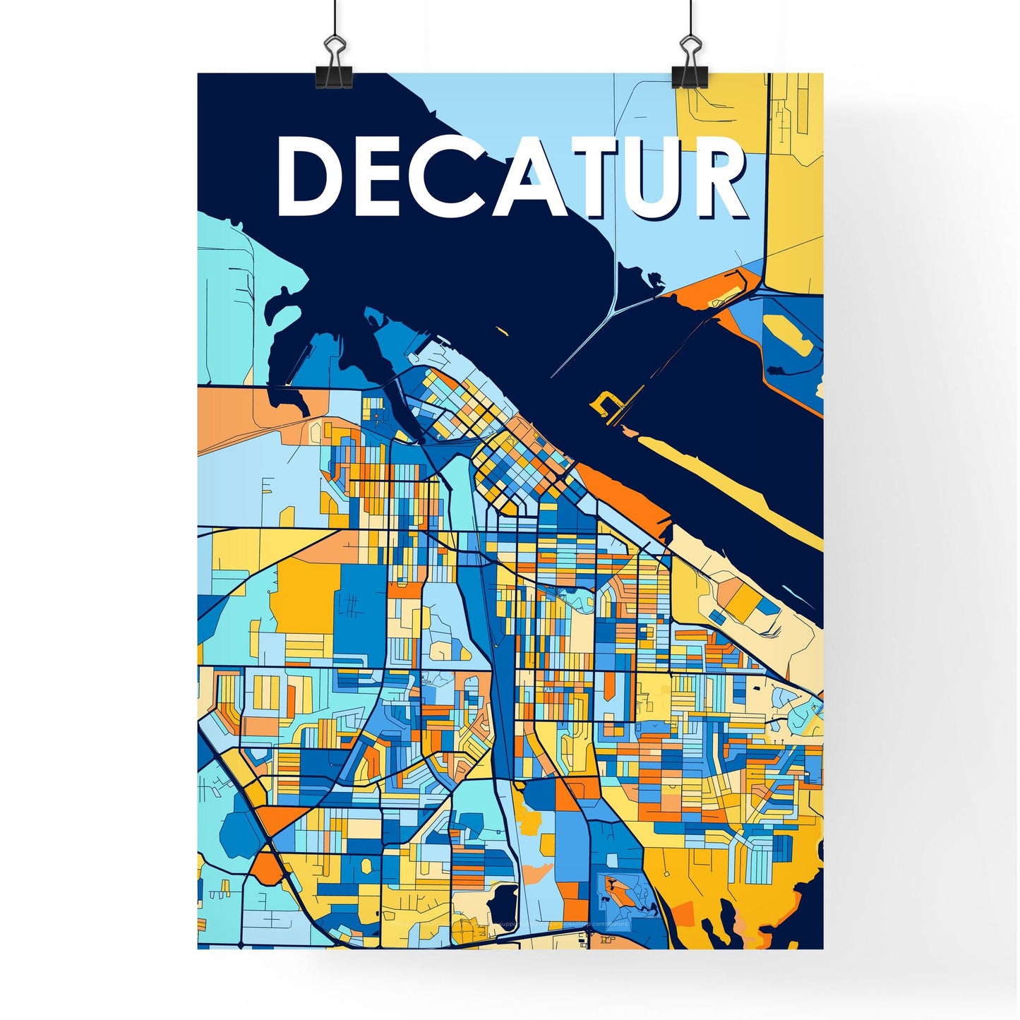 DECATUR ALABAMA Vibrant Colorful Art Map Poster Blue Orange