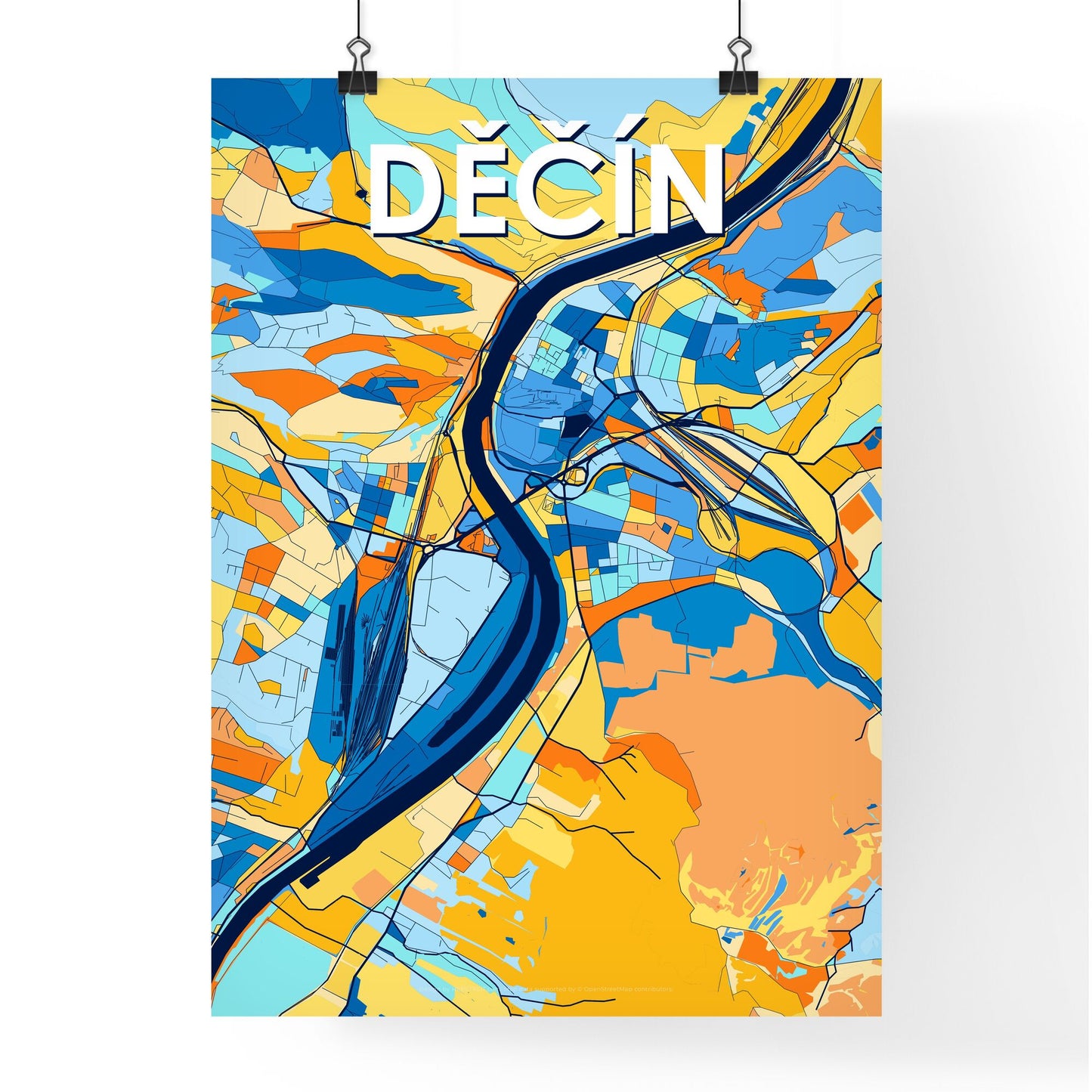 DĚČÍN CZECHIA Vibrant Colorful Art Map Poster Blue Orange