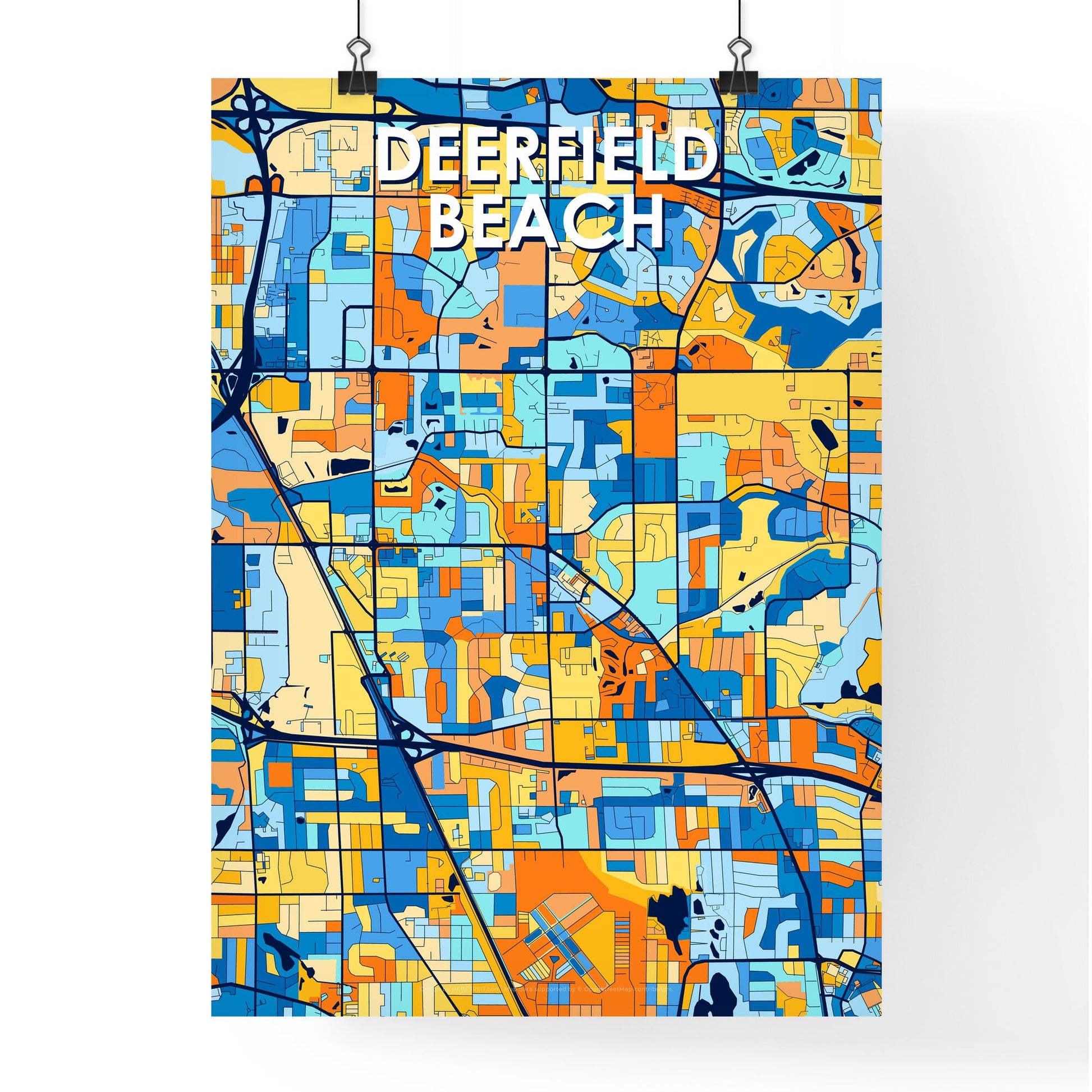 DEERFIELD BEACH FLORIDA Vibrant Colorful Art Map Poster Blue Orange