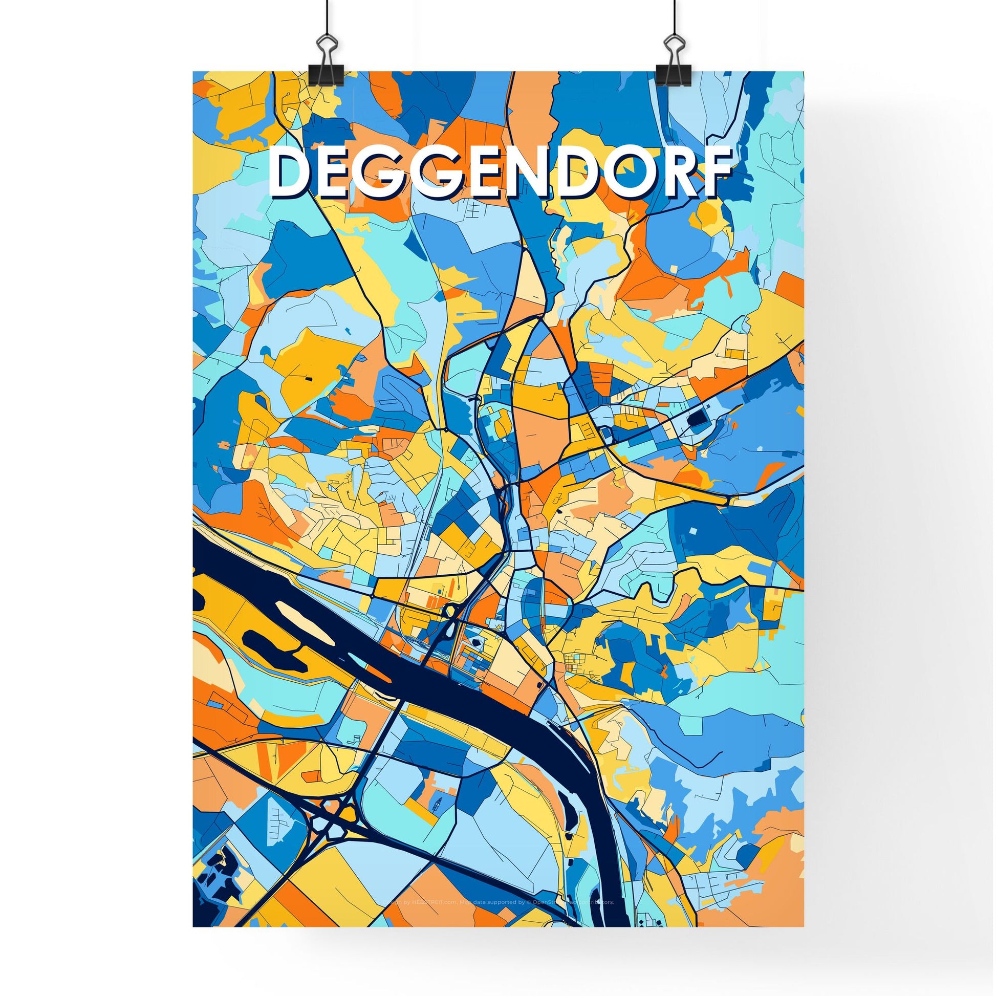 DEGGENDORF GERMANY Vibrant Colorful Art Map Poster Blue Orange