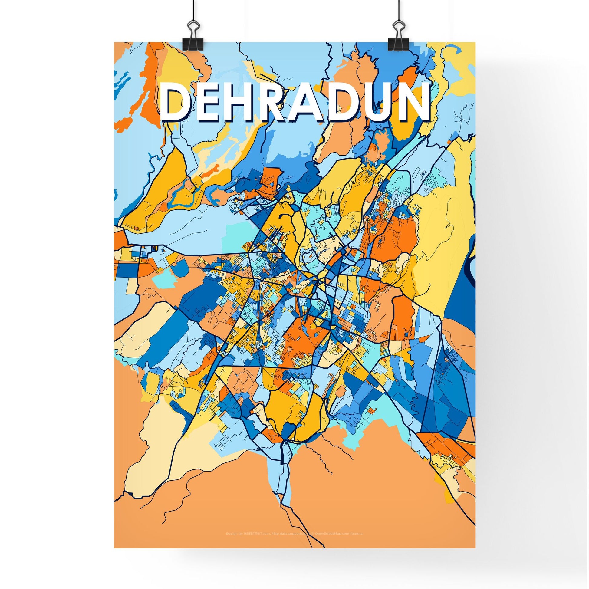 DEHRADUN INDIA Vibrant Colorful Art Map Poster Blue Orange