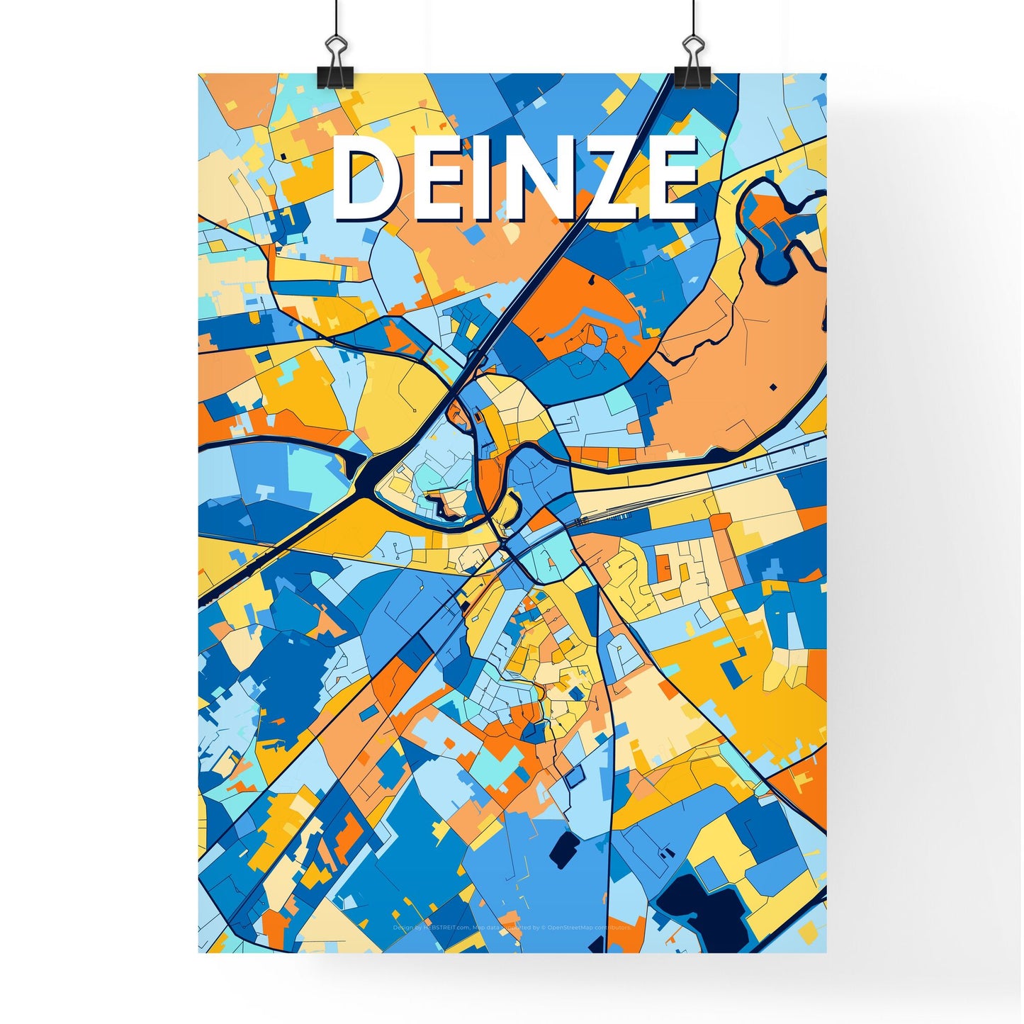 DEINZE BELGIUM Vibrant Colorful Art Map Poster Blue Orange