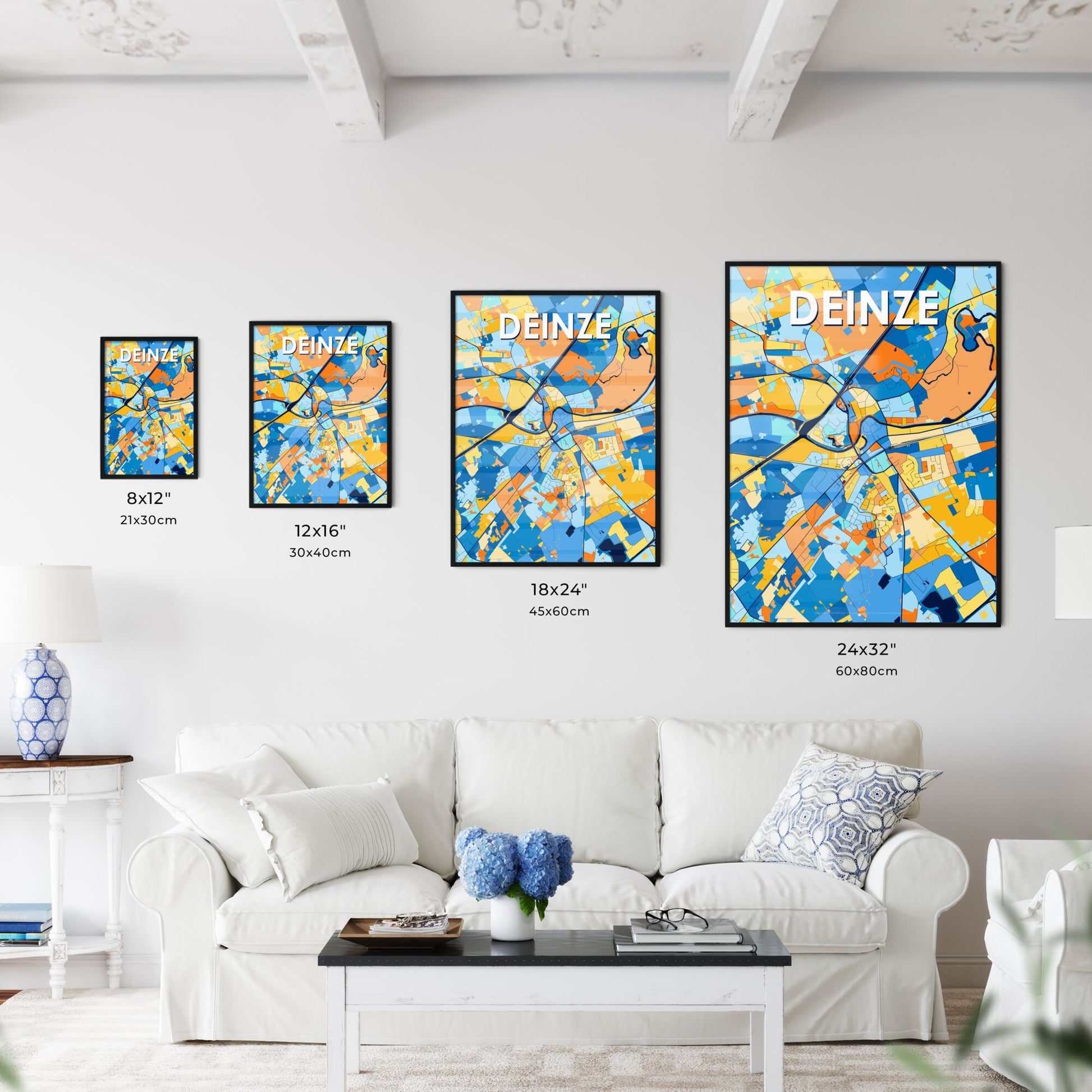 DEINZE BELGIUM Vibrant Colorful Art Map Poster Blue Orange