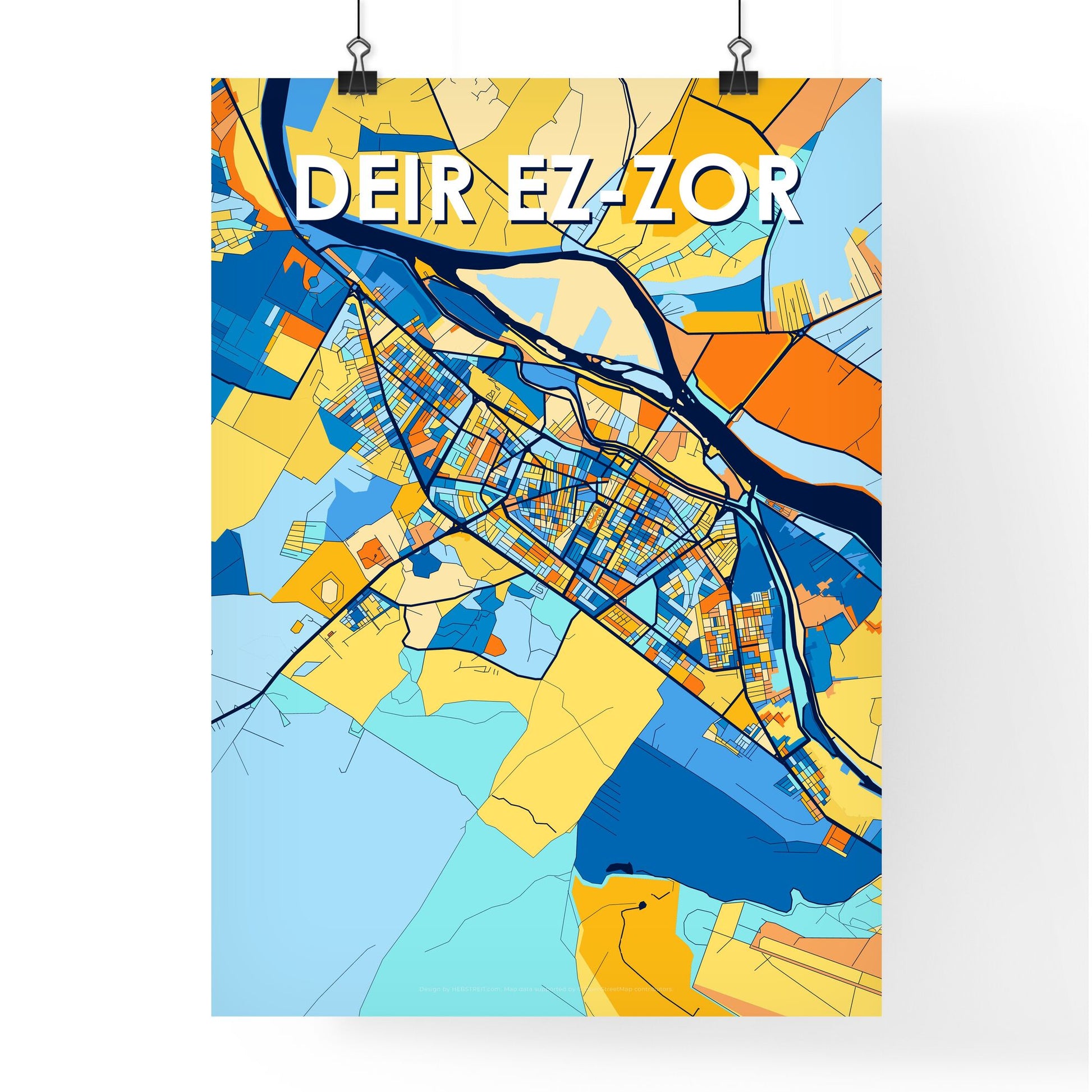 DEIR EZ-ZOR SYRIA Vibrant Colorful Art Map Poster Blue Orange