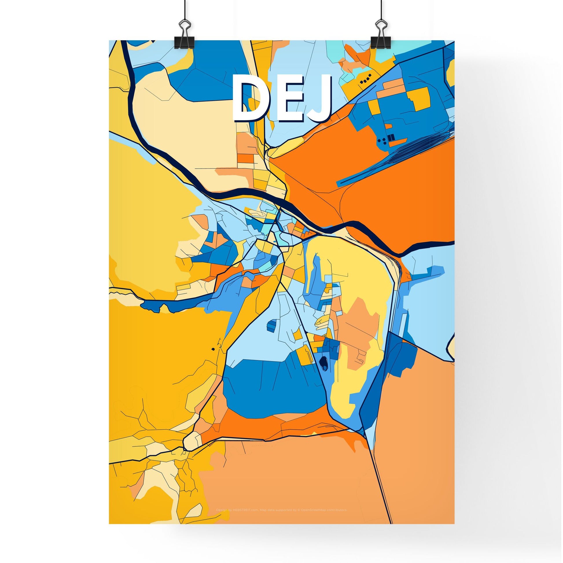 DEJ ROMANIA Vibrant Colorful Art Map Poster Blue Orange