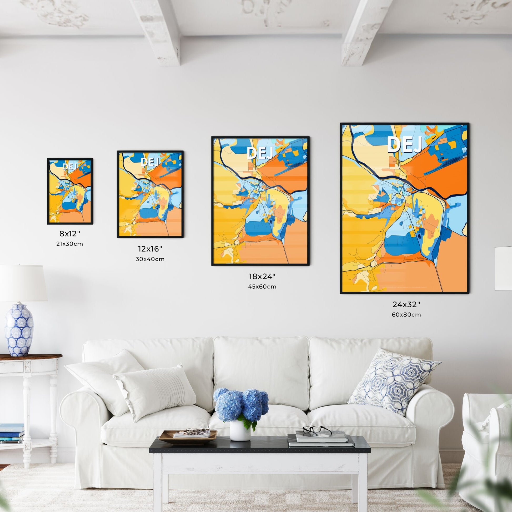 DEJ ROMANIA Vibrant Colorful Art Map Poster Blue Orange