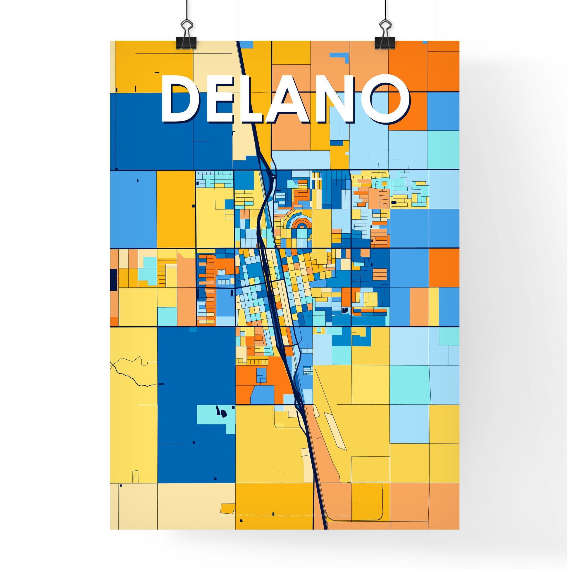 DELANO CALIFORNIA Vibrant Colorful Art Map Poster Blue Orange