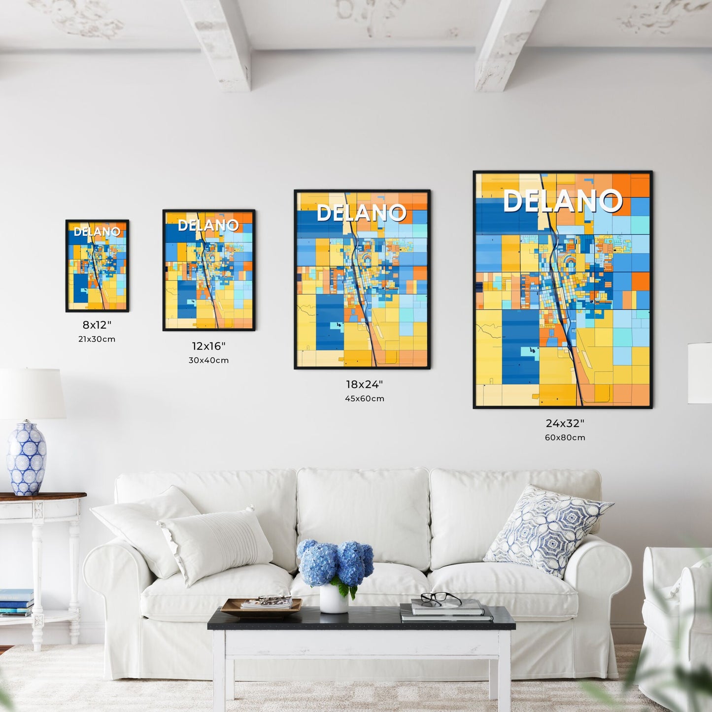 DELANO CALIFORNIA Vibrant Colorful Art Map Poster Blue Orange