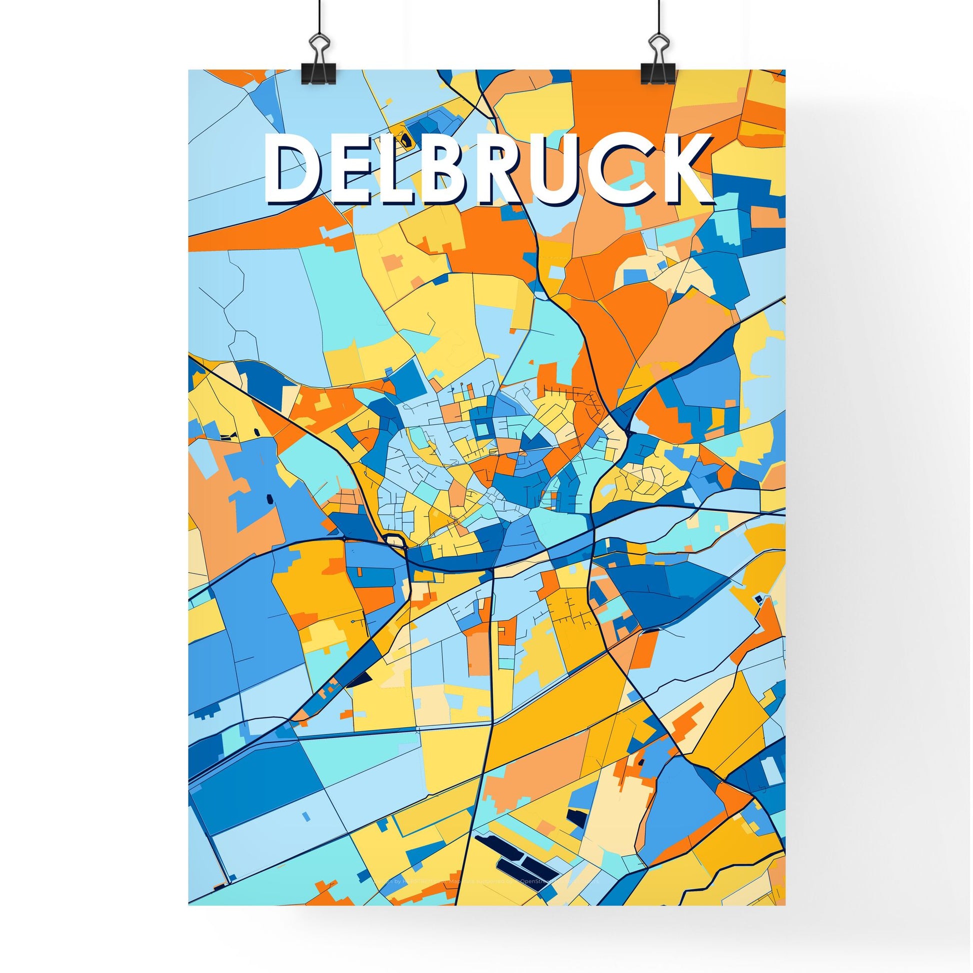 DELBRUCK GERMANY Vibrant Colorful Art Map Poster Blue Orange