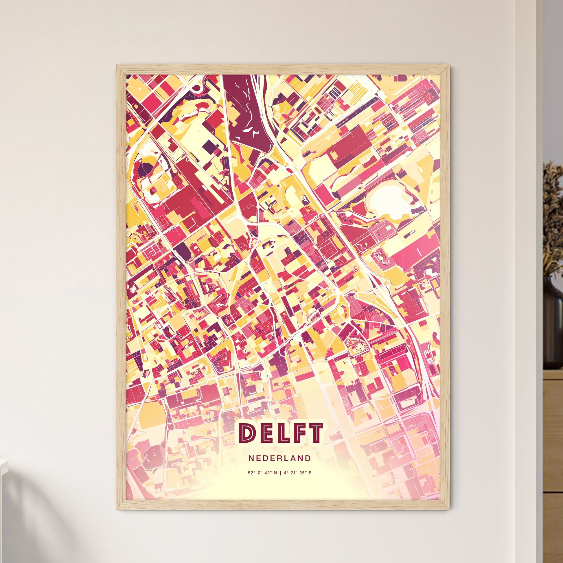 Colorful Delft Netherlands Fine Art Map Hot Red
