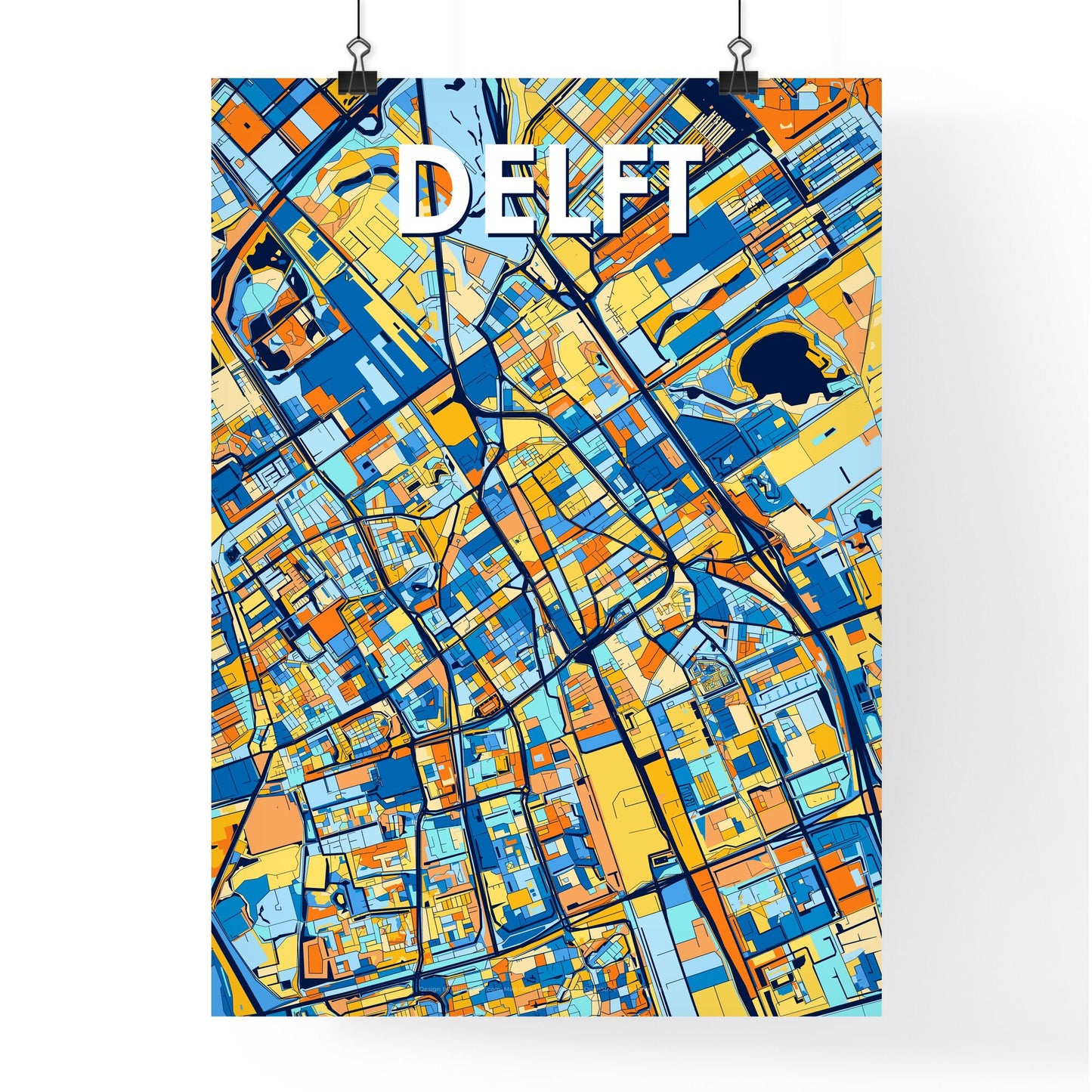 DELFT NETHERLANDS Vibrant Colorful Art Map Poster Blue Orange