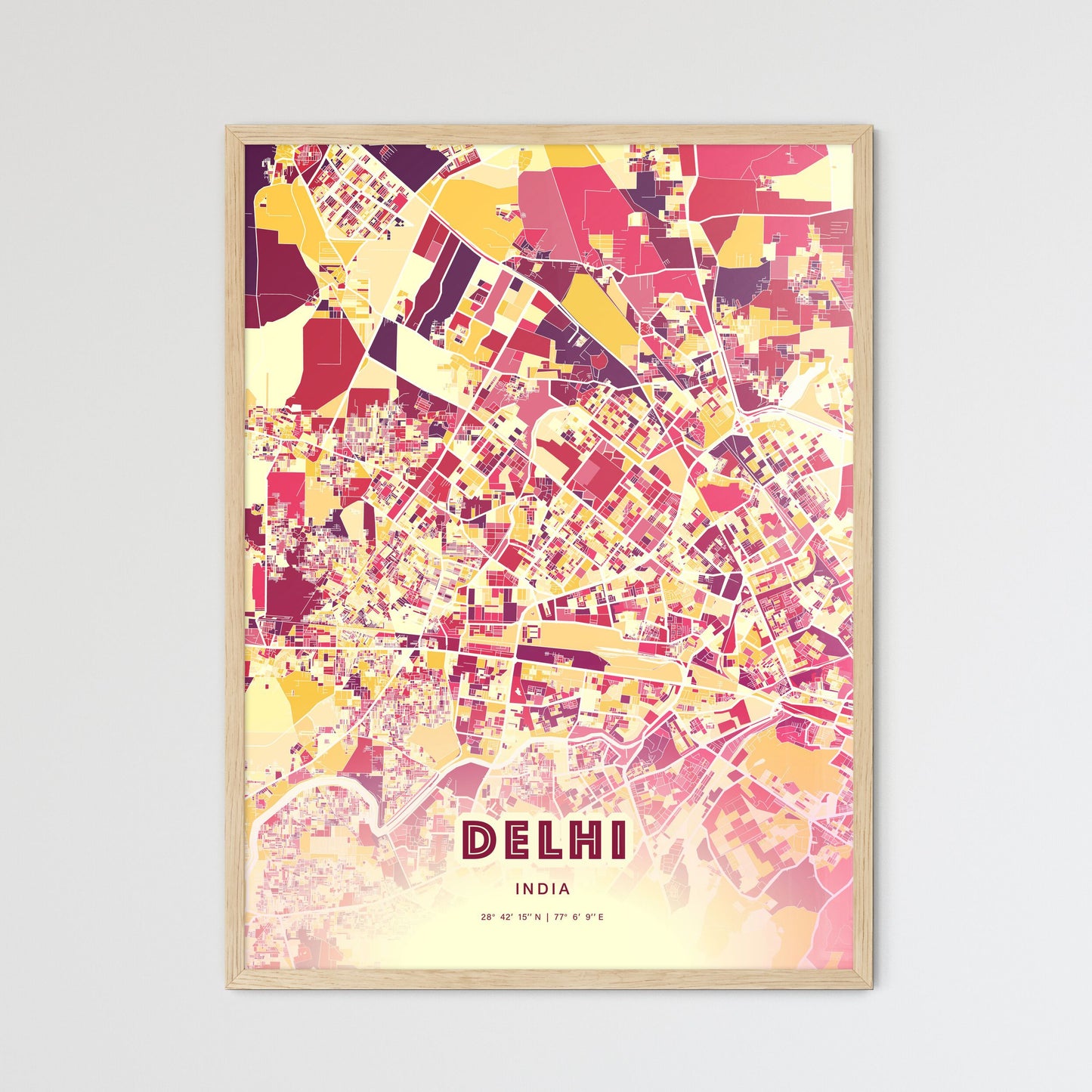 Colorful Delhi India Fine Art Map Hot Red