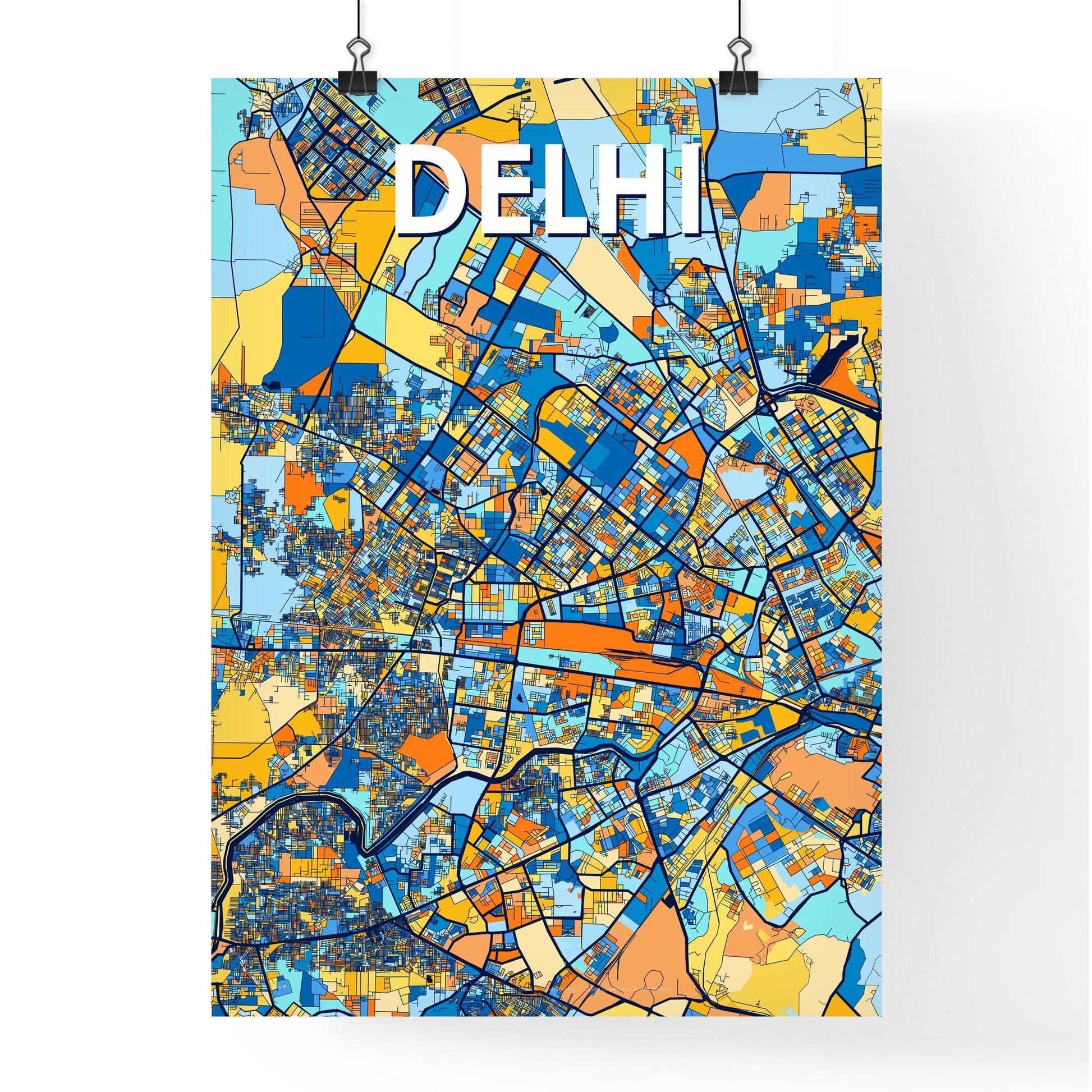 DELHI INDIA Vibrant Colorful Art Map Poster Blue Orange