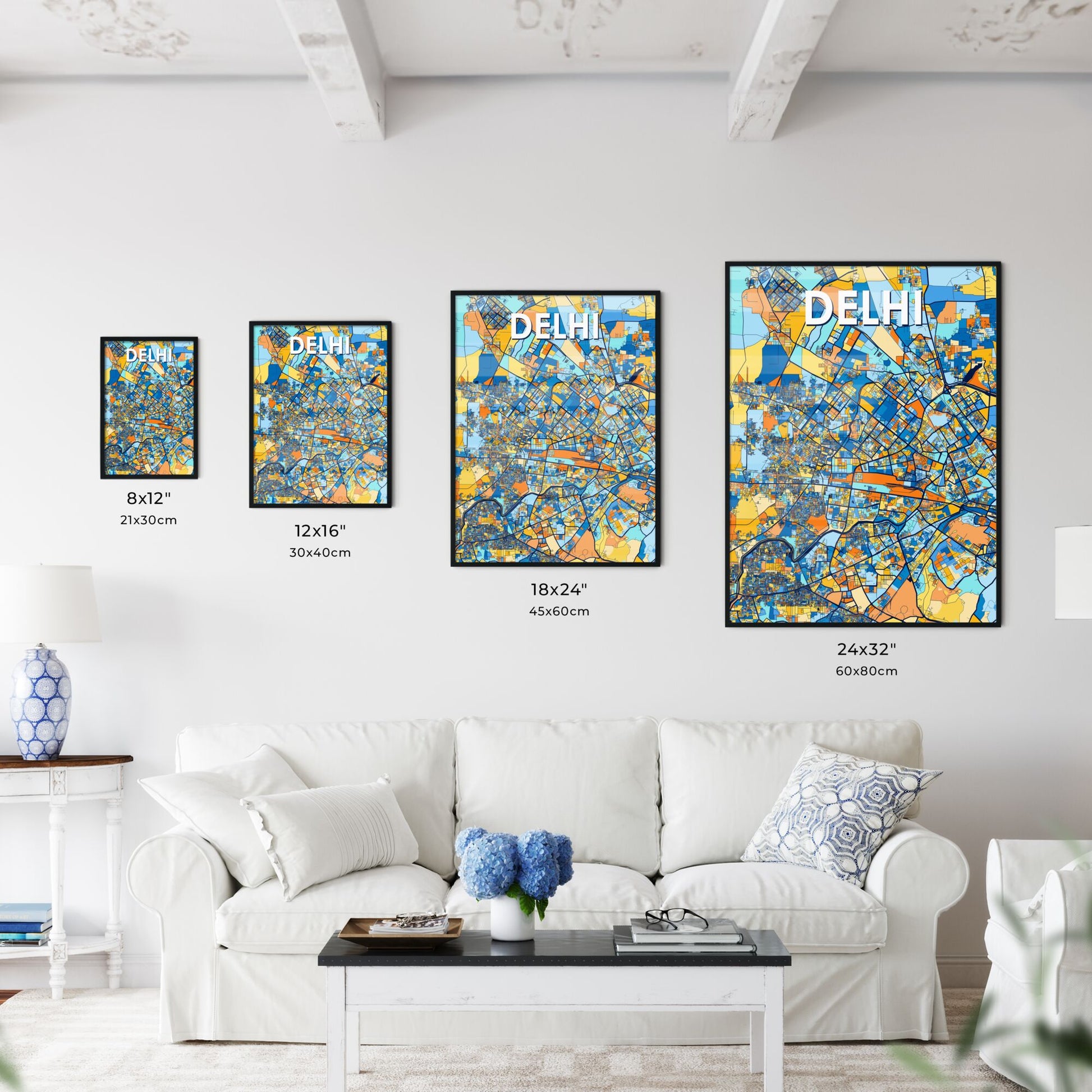 DELHI INDIA Vibrant Colorful Art Map Poster Blue Orange