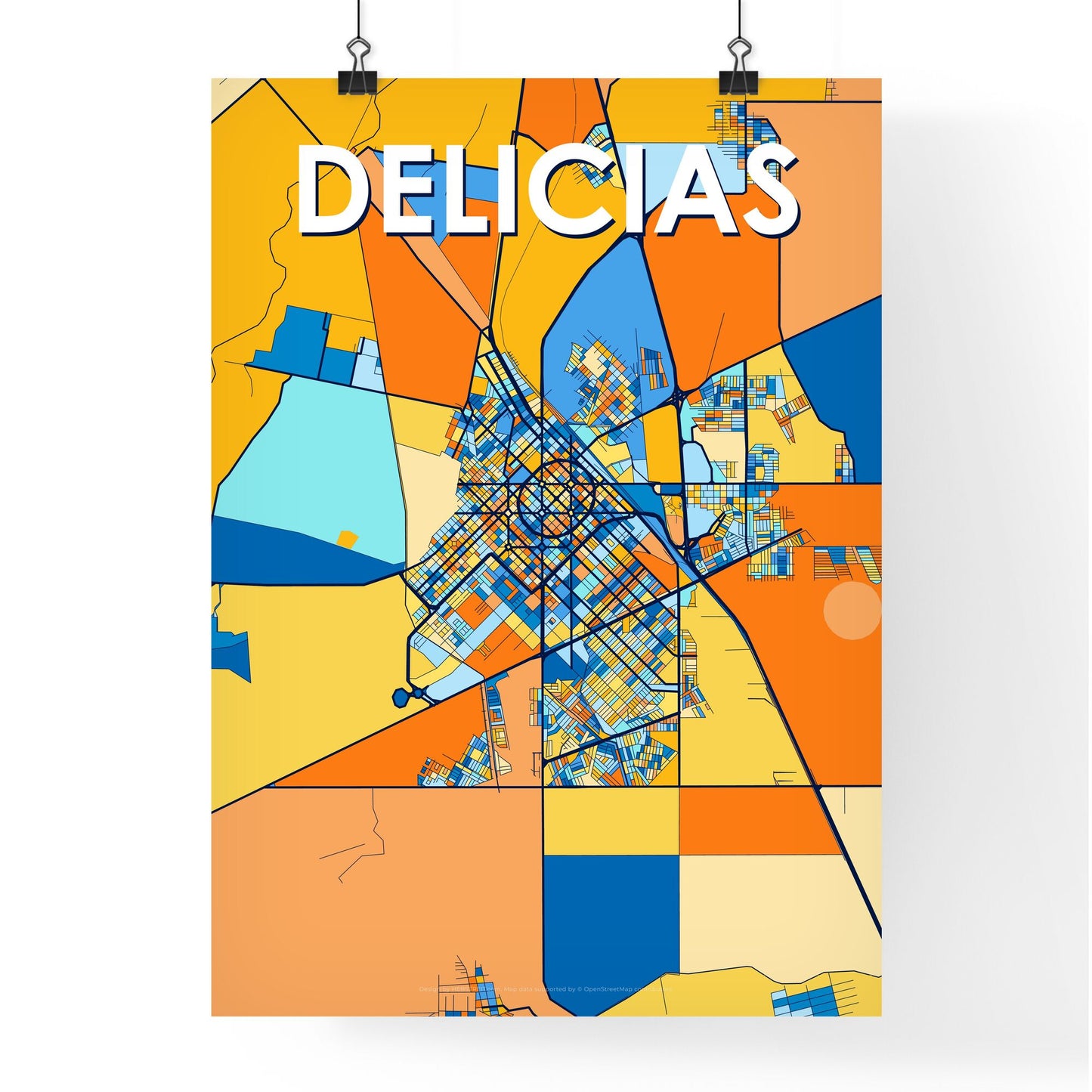 DELICIAS MEXICO Vibrant Colorful Art Map Poster Blue Orange