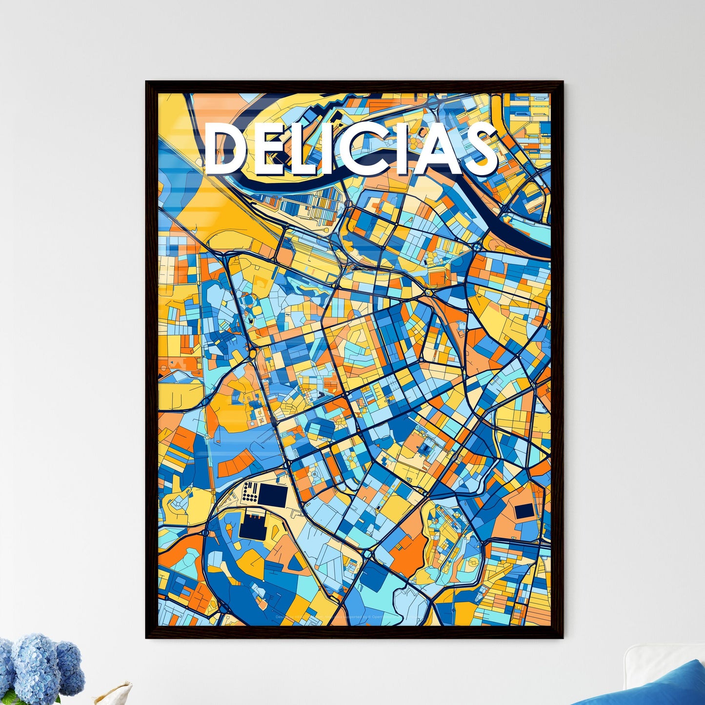 DELICIAS SPAIN Vibrant Colorful Art Map Poster Blue Orange