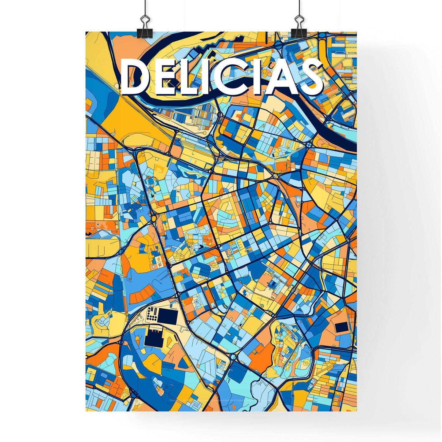 DELICIAS SPAIN Vibrant Colorful Art Map Poster Blue Orange