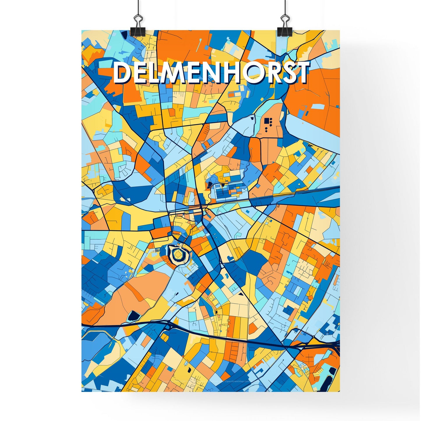 DELMENHORST GERMANY Vibrant Colorful Art Map Poster Blue Orange