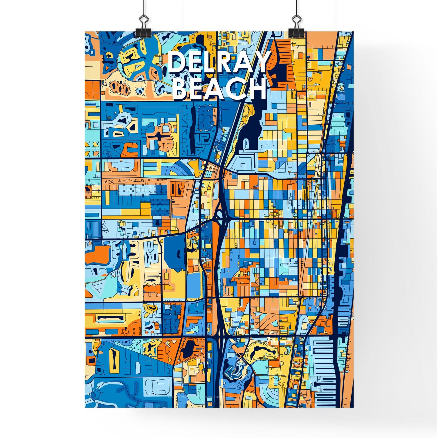 DELRAY BEACH FLORIDA Vibrant Colorful Art Map Poster Blue Orange