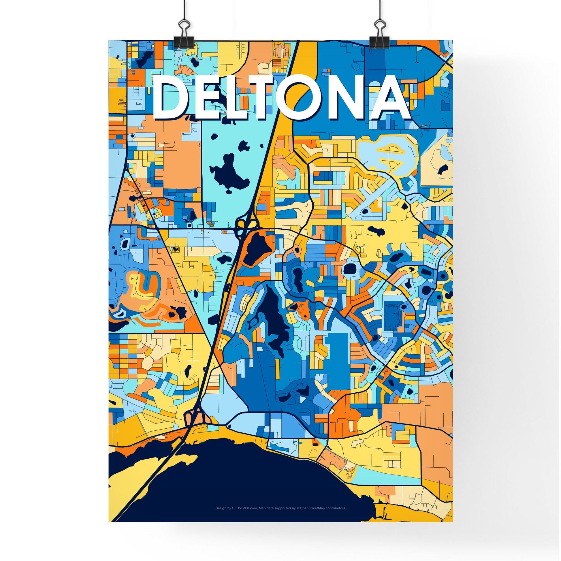 DELTONA FLORIDA Vibrant Colorful Art Map Poster Blue Orange